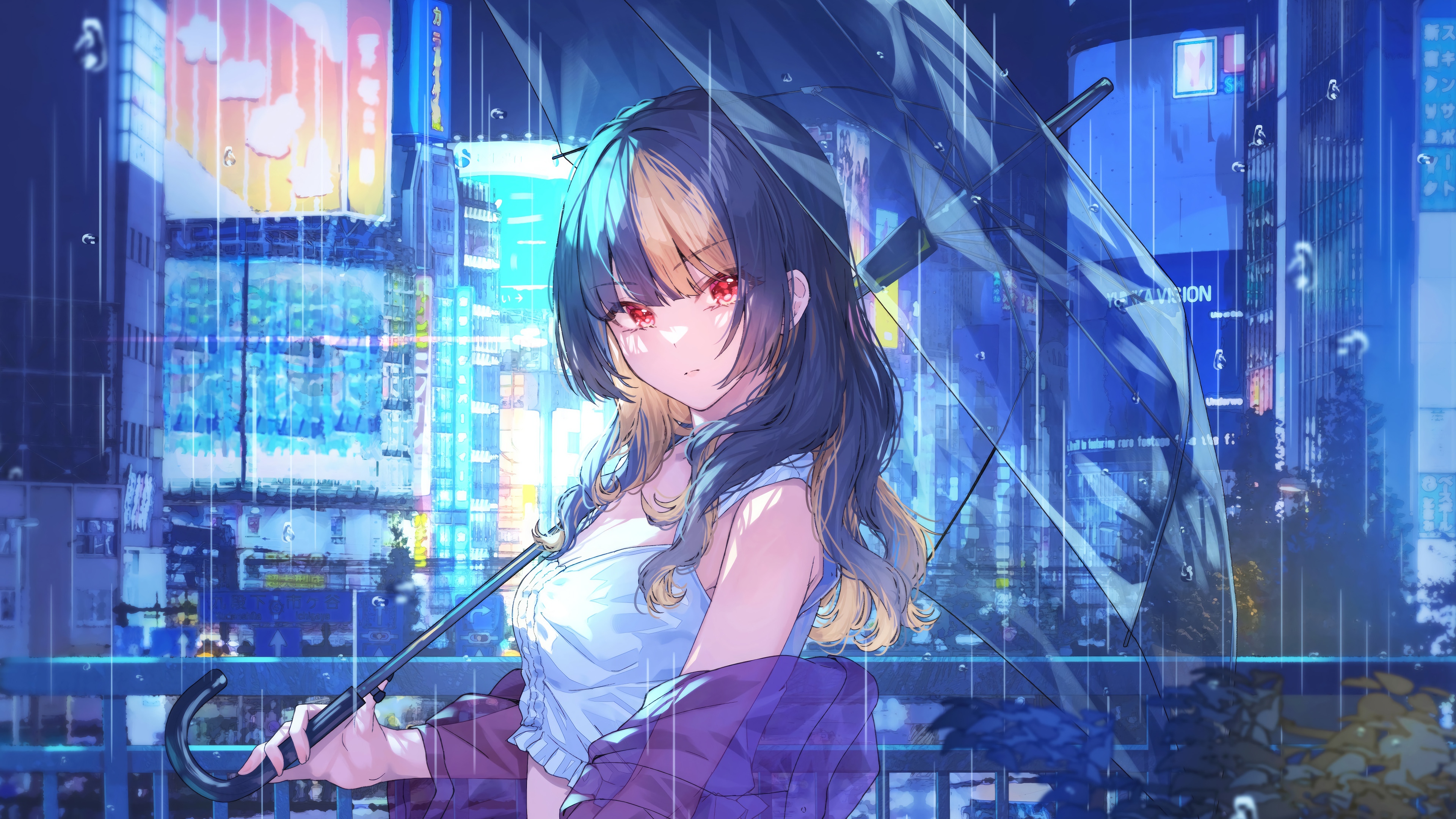 Anime Girl with Umbrella in the Rain 4K HD Wallpaper