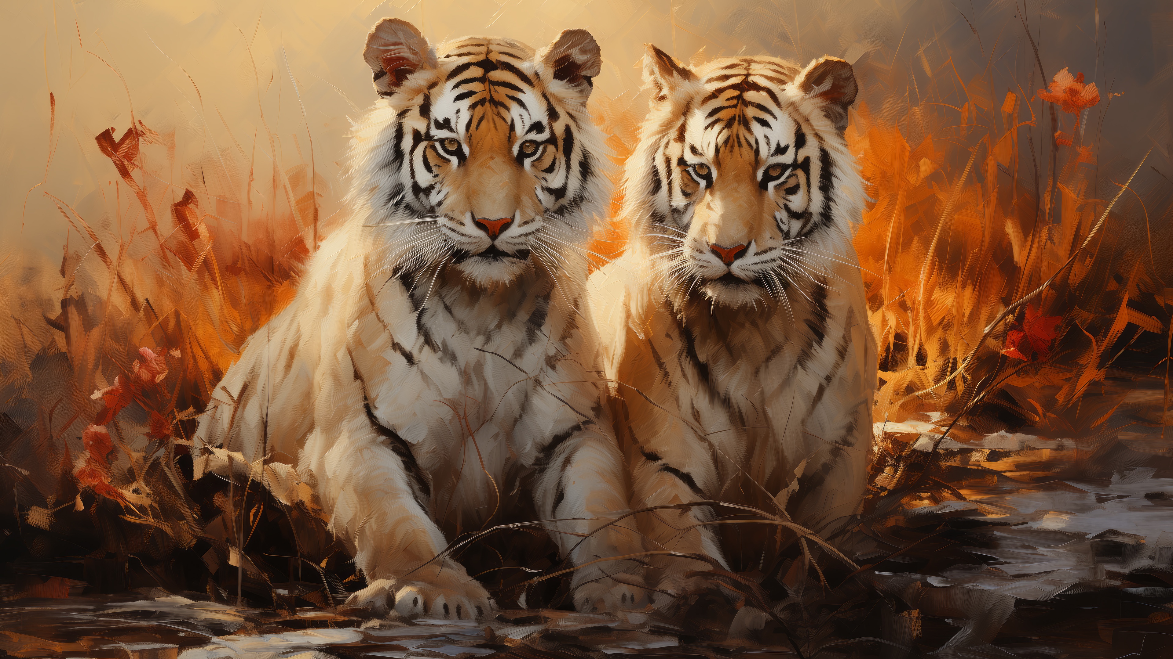Two Tigers in a Field of Grass 4K HD Wallpaper