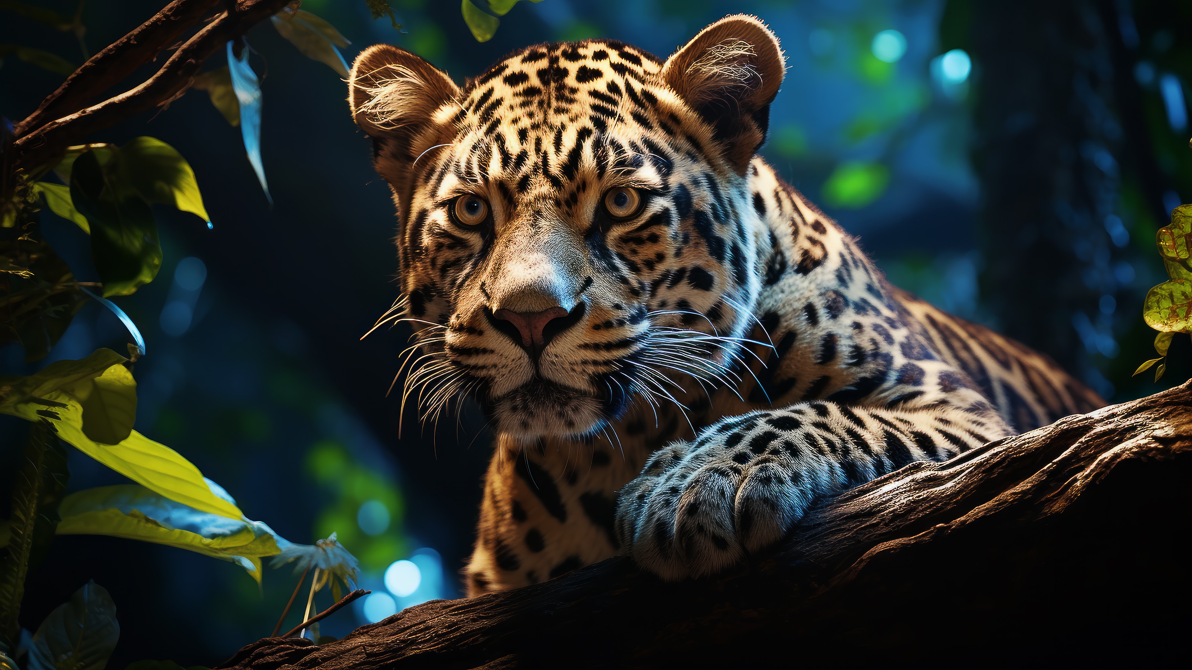 Jaguar resting on a tree branch in a forest HD Wallpaper