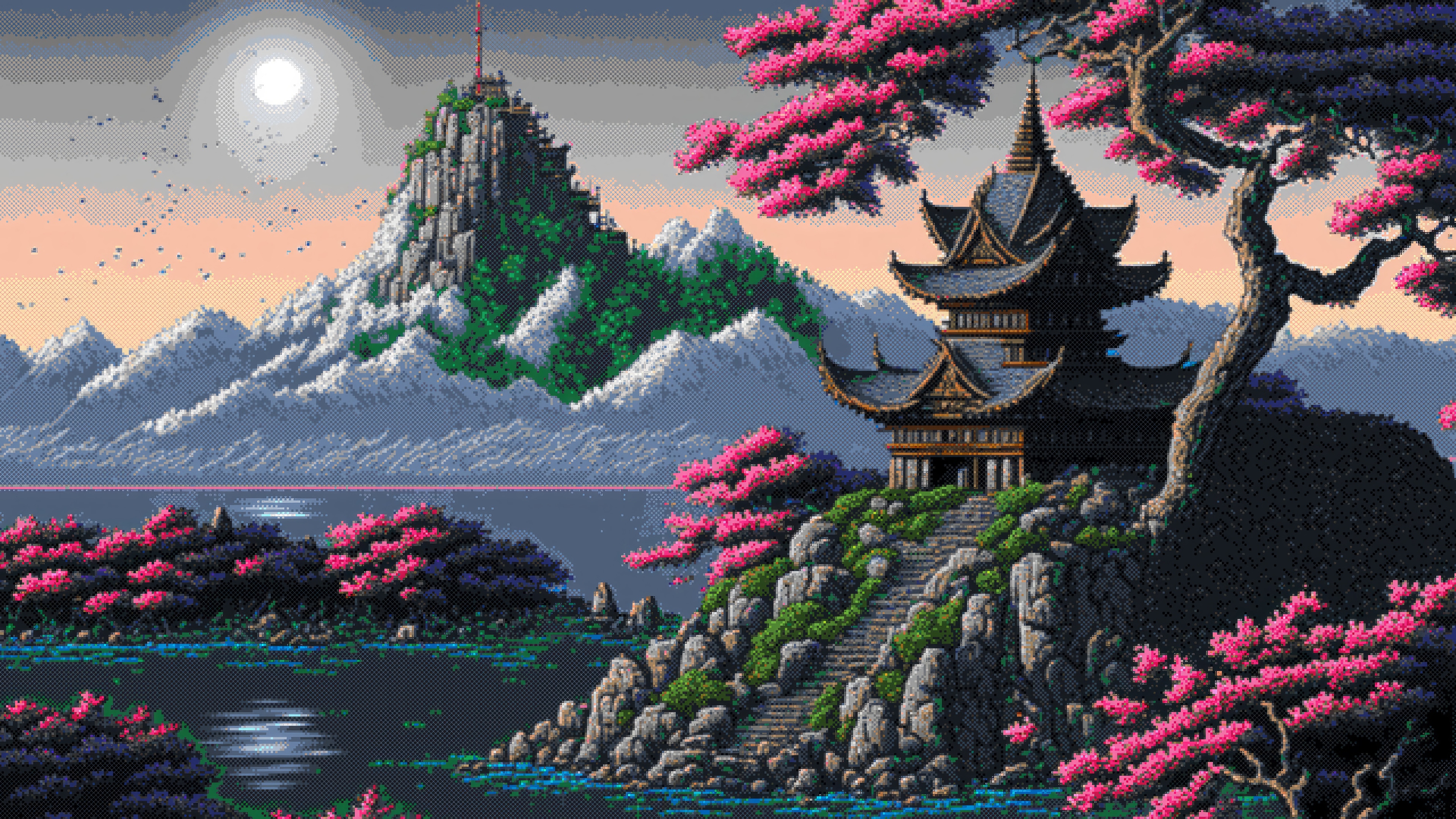 Pixel Art Japanese Castle with Cherry Blossoms HD Wallpaper