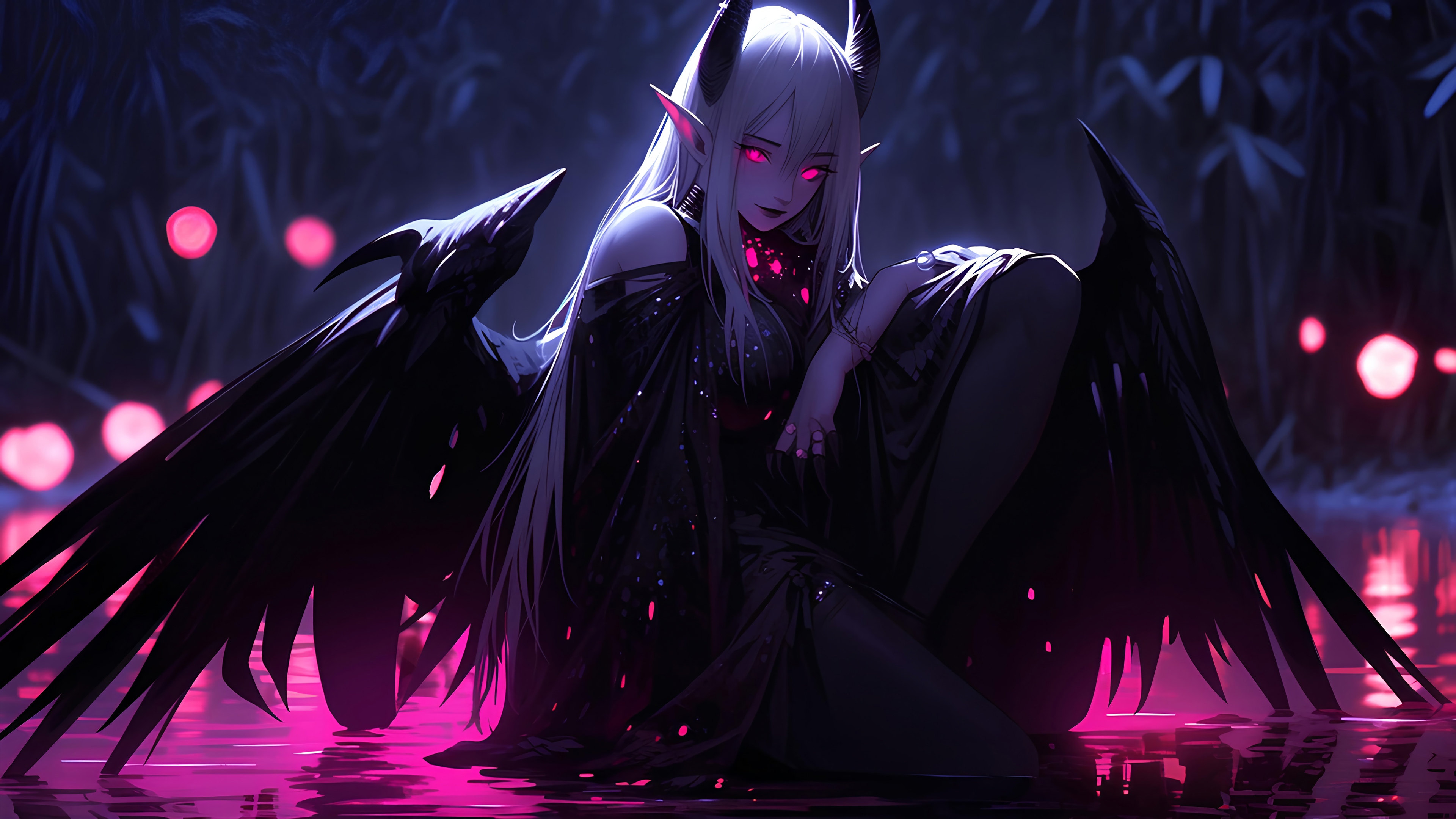 Demon Girl with Black Wings in Pink Water 4K HD Wallpaper