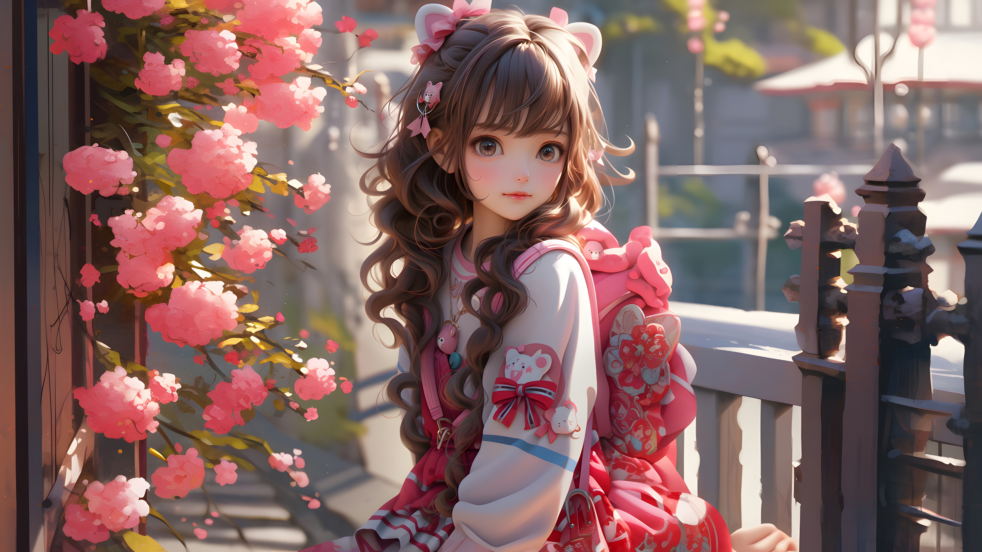 Cute Anime Girl with Pink Flowers 4K HD Wallpaper