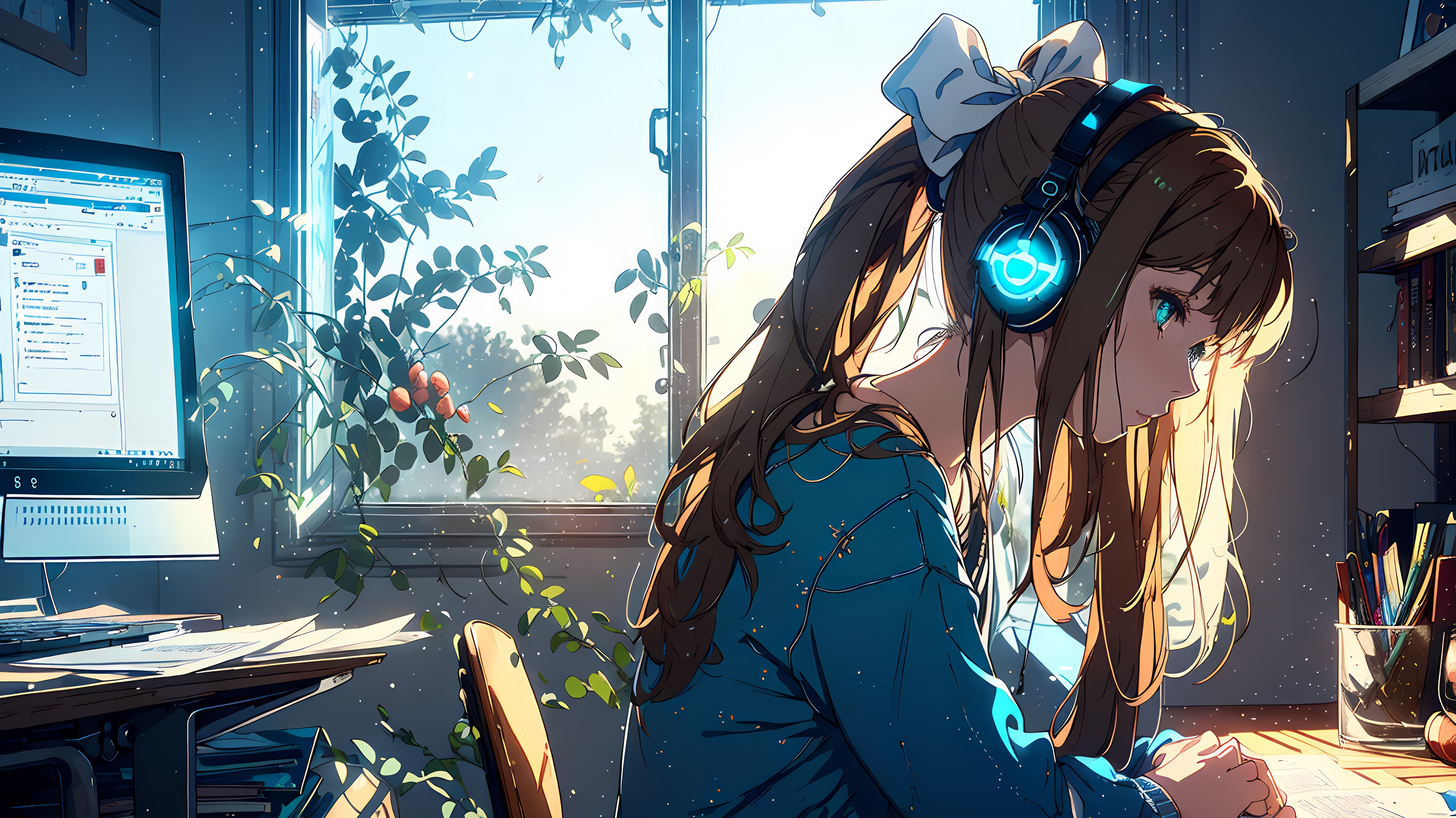 Anime Girl with Headphones Studying by Window 4K HD Wallpaper