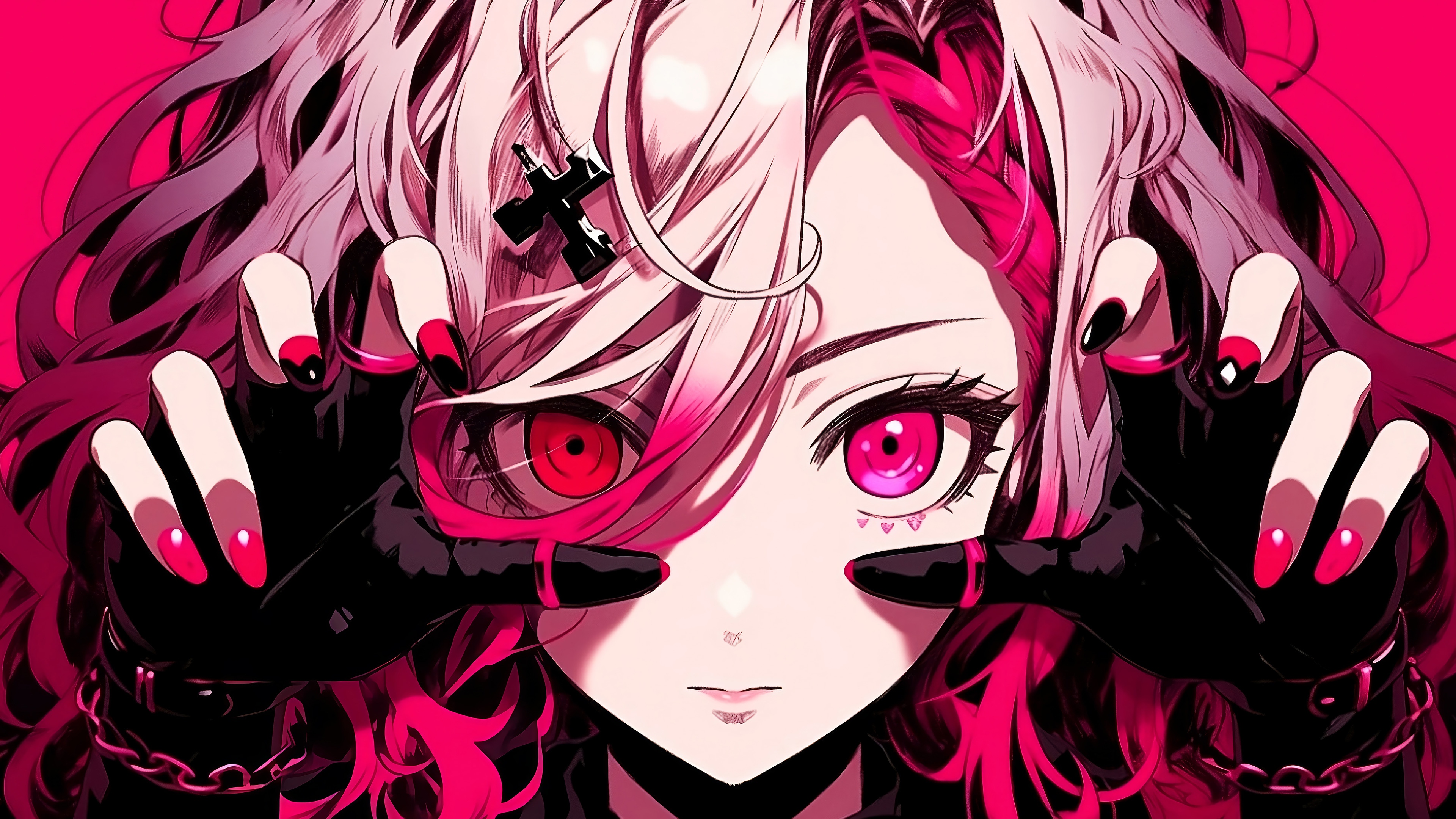 Anime Girl with Pink and White Hair and Red Eyes HD Wallpaper