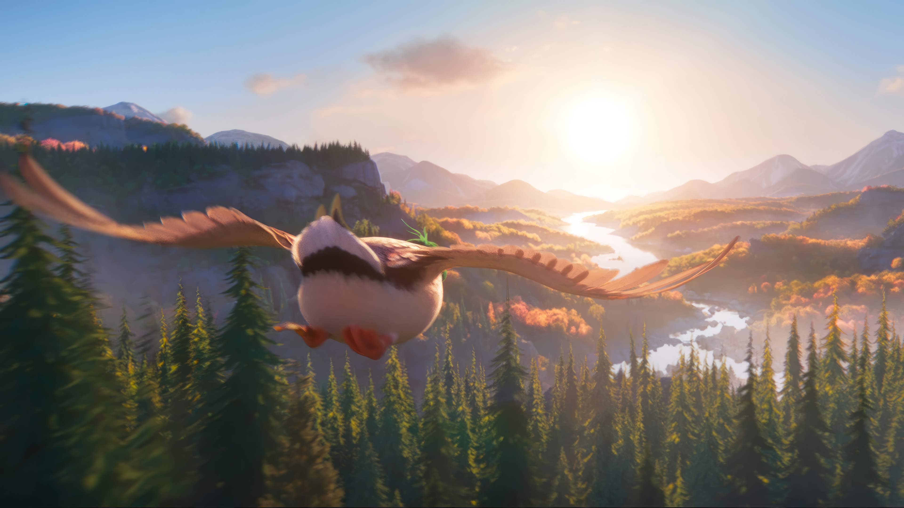Bird flying over a valley at sunrise 4K HD Wallpaper