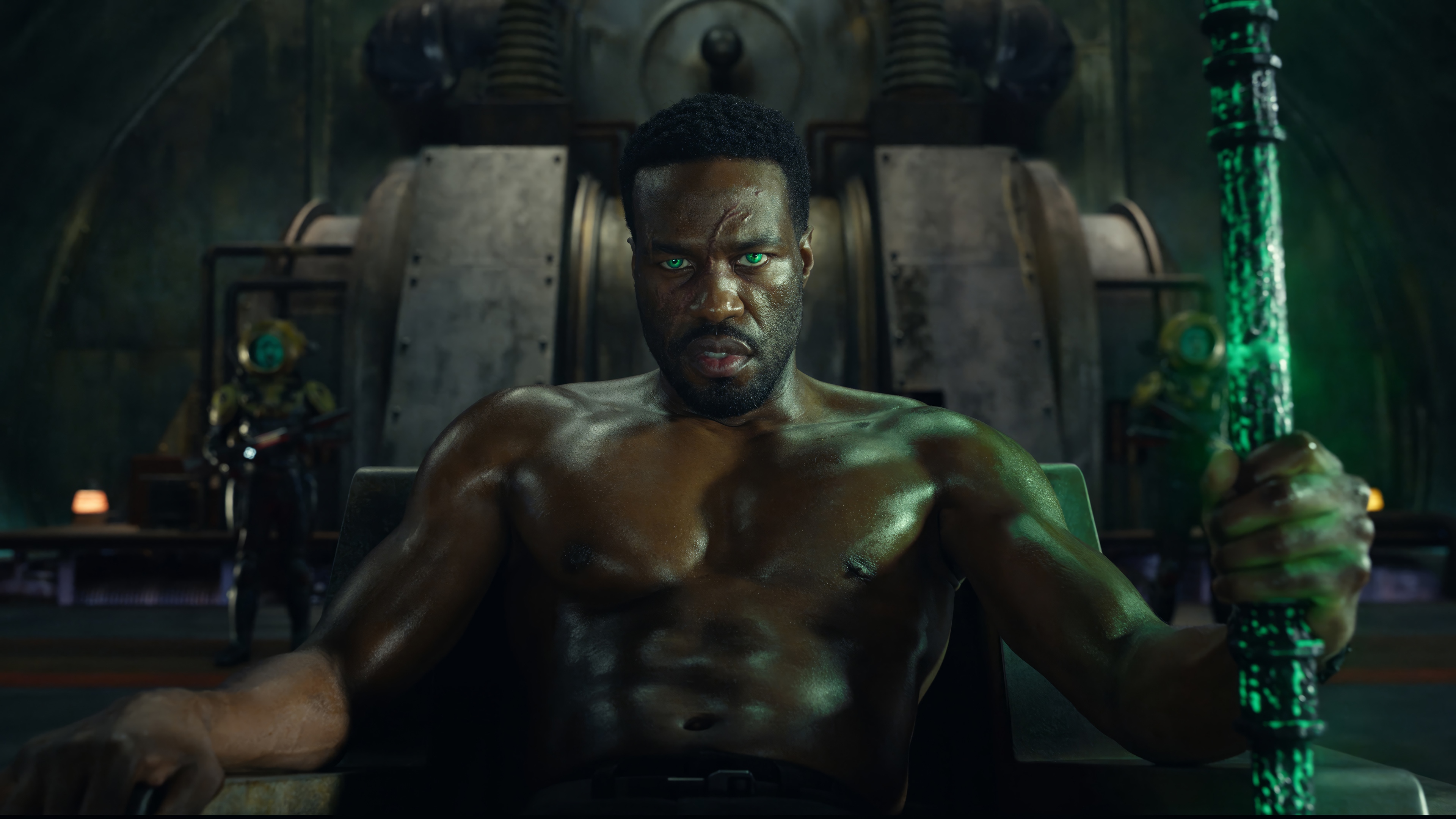 Black Manta with glowing green eyes holding a trident HD Wallpaper