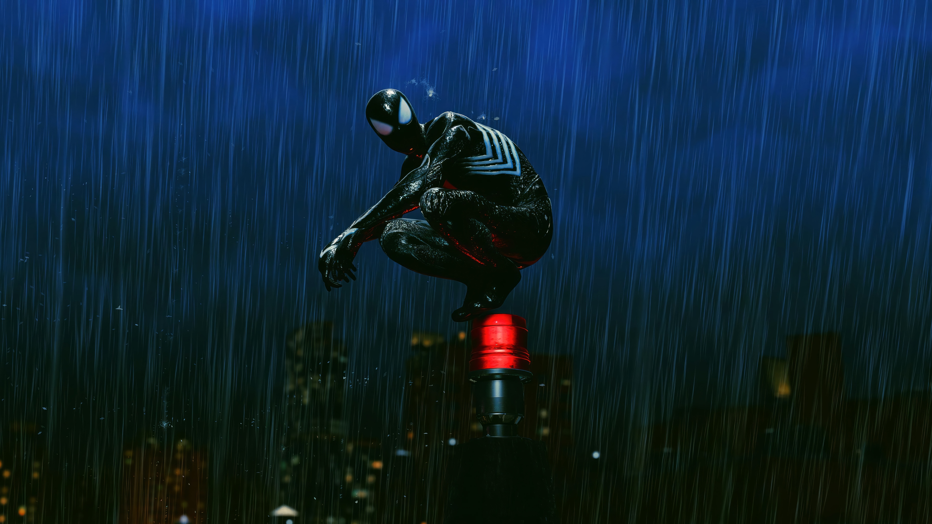 Spider-Man in a black suit crouches in the rain HD Wallpaper