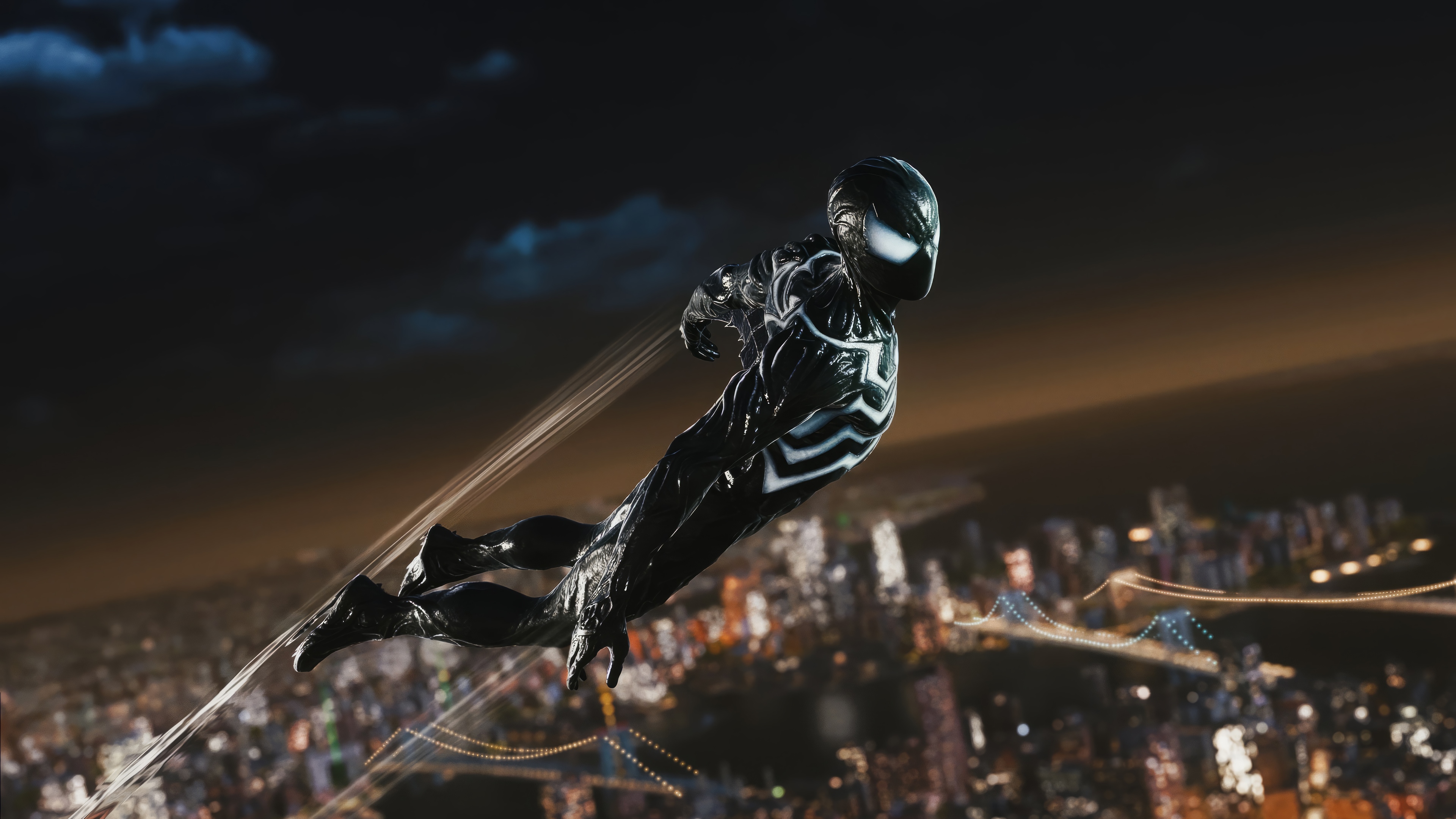 Spider-Man in Black Suit Flying Over City 4K HD Wallpaper