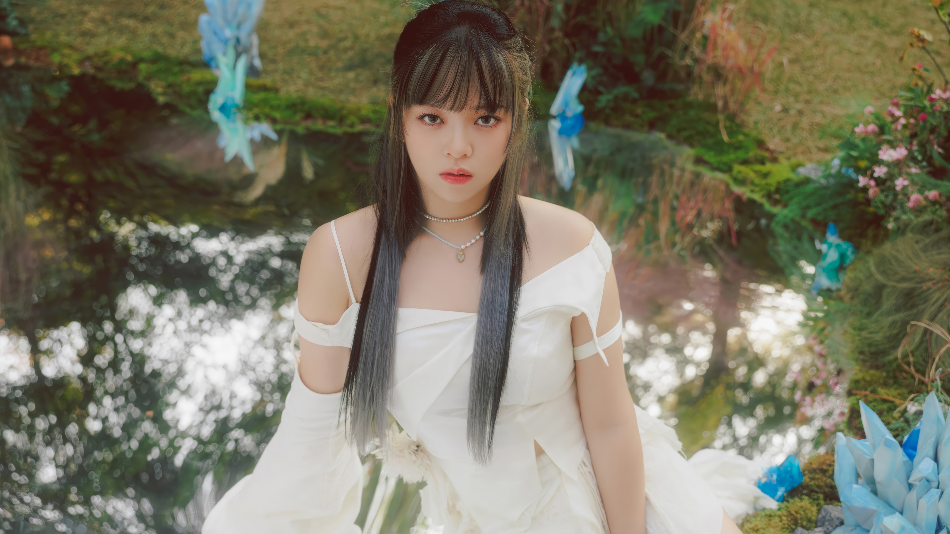 Jeongyeon of TWICE in a white dress HD Wallpaper
