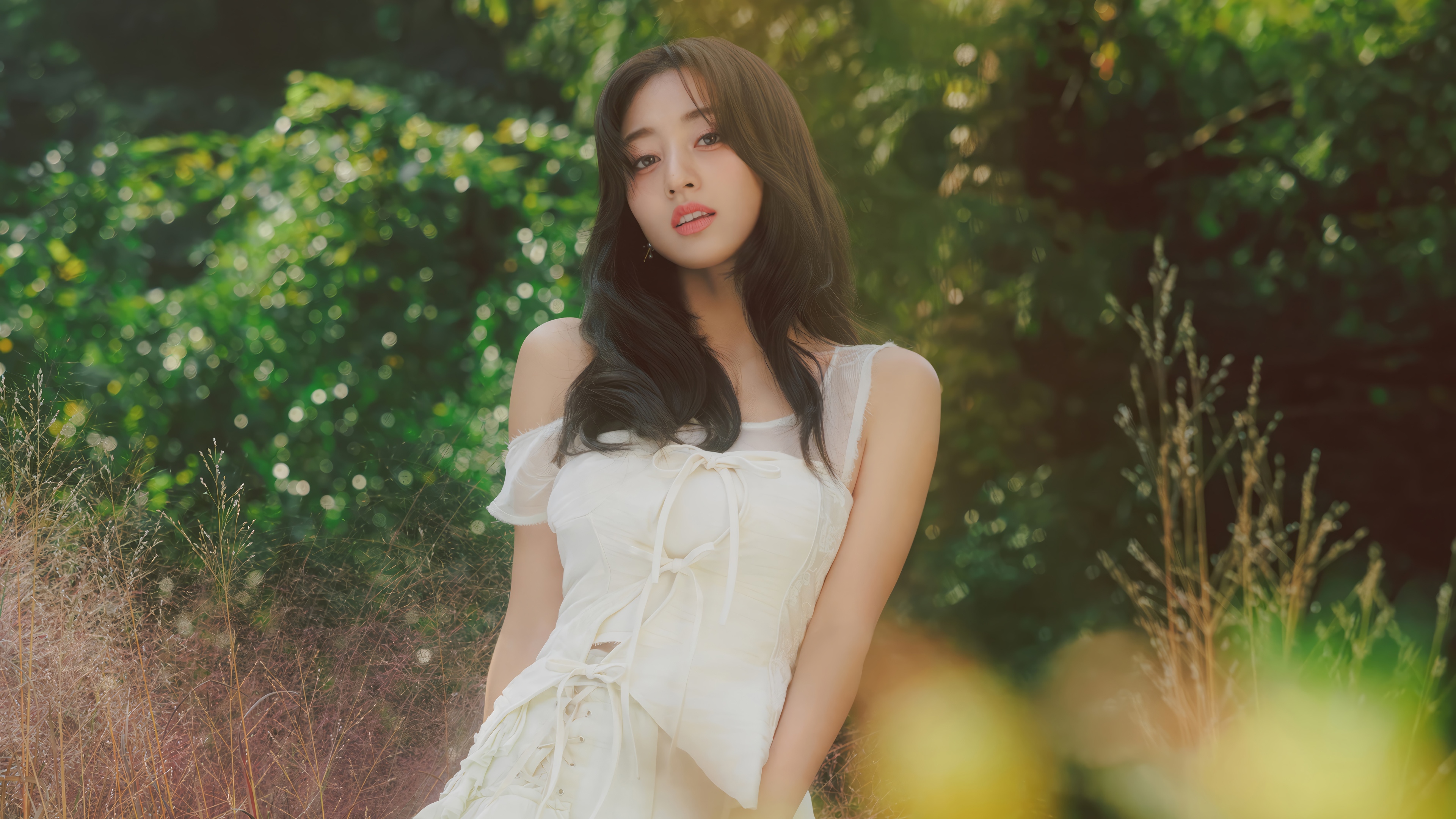 Jihyo of TWICE in a white dress outdoors HD Wallpaper