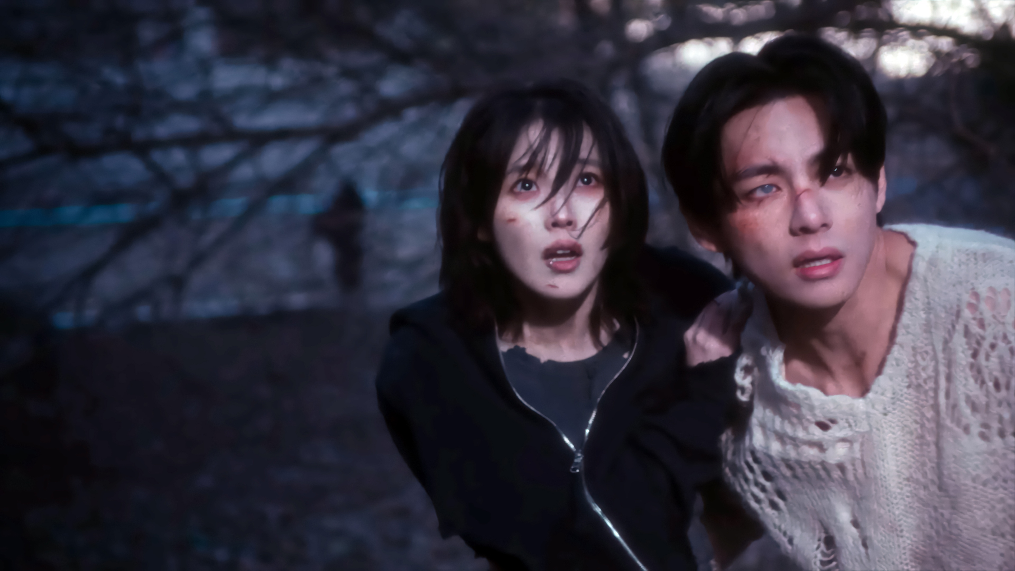 IU and V in a dark, eerie forest HD Wallpaper
