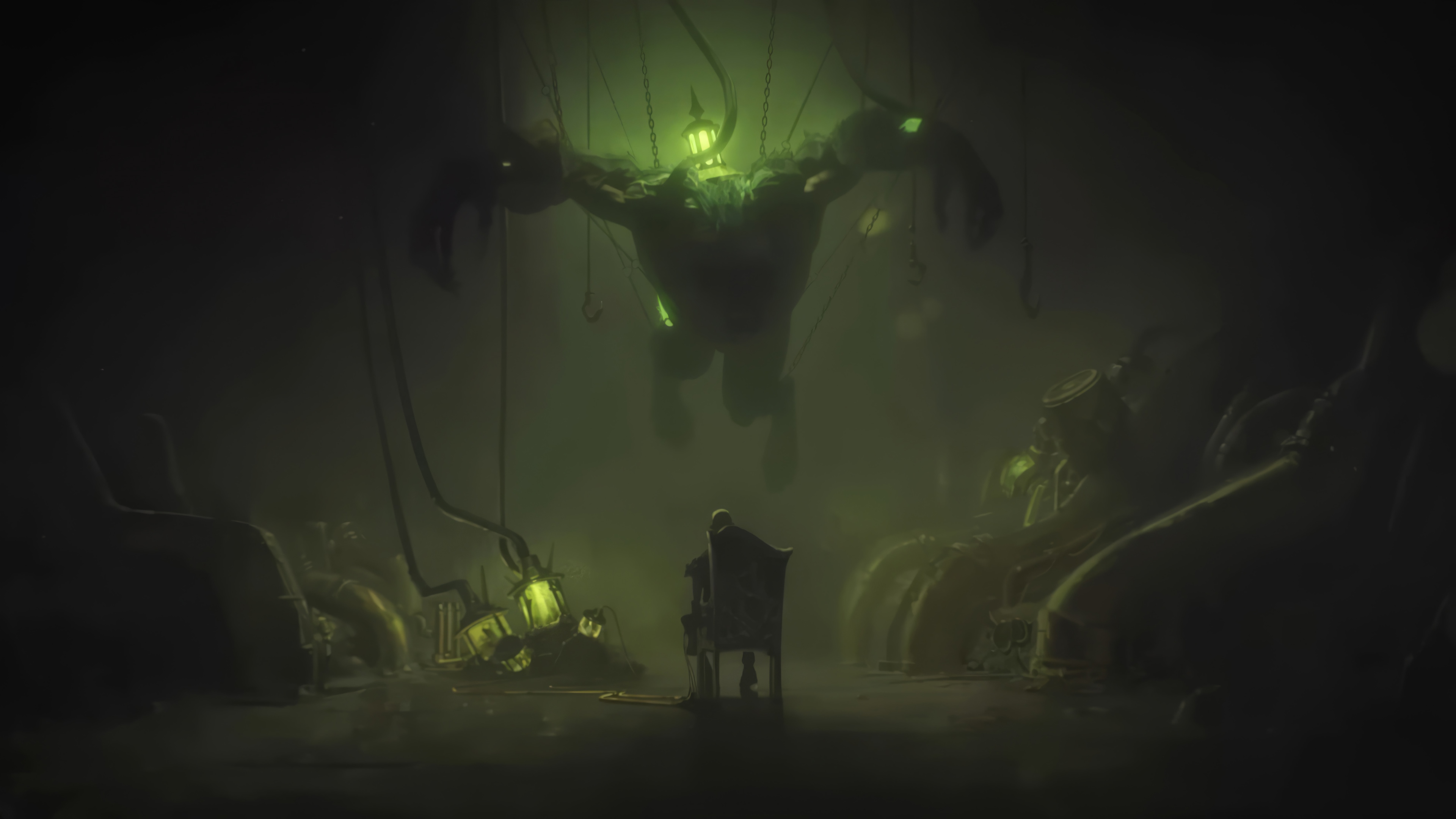 Arcane: A monstrous figure hangs suspended above a seated figure HD Wallpaper