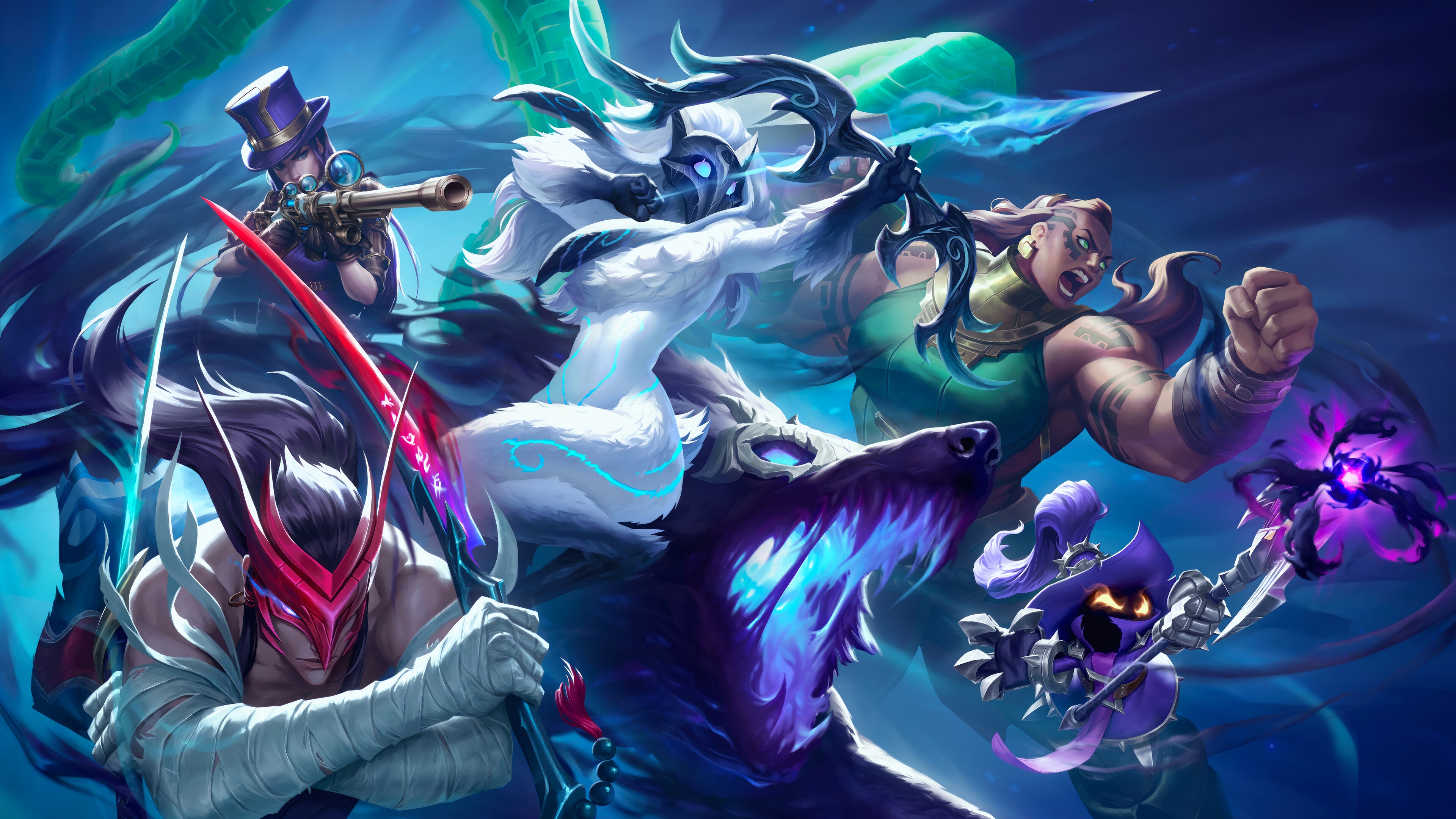 League of Legends: Yone, Kindred, Illaoi, Veigar, Caitlyn HD Wallpaper