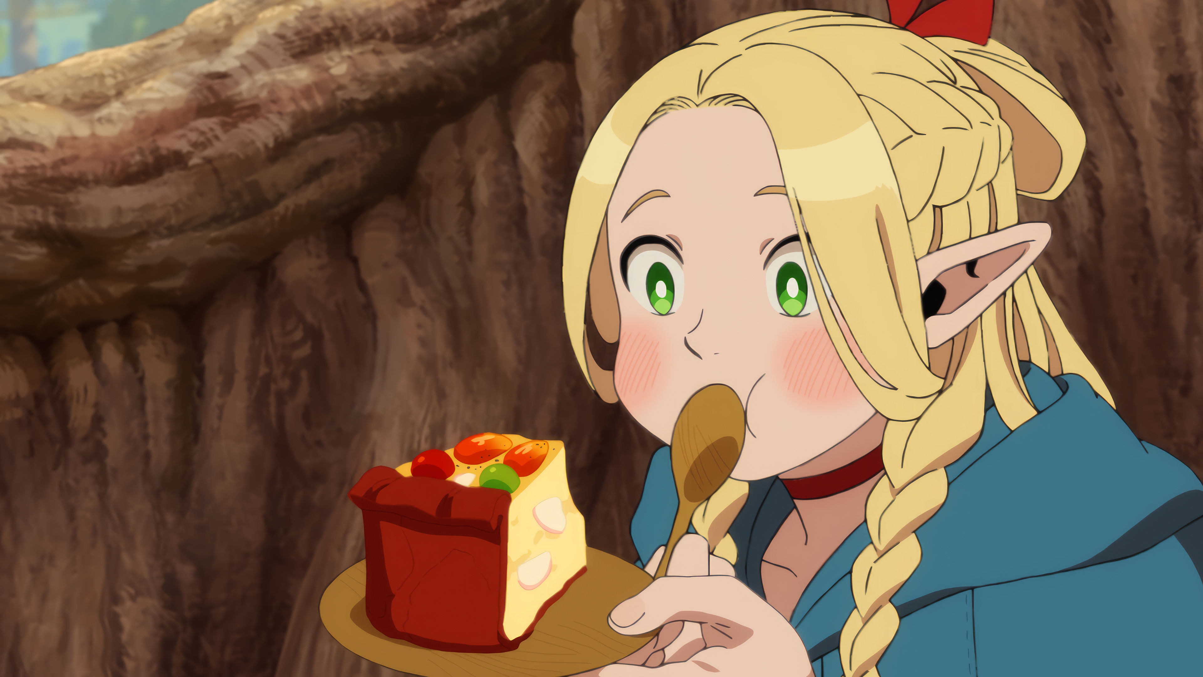 Delicious Dungeon: Elf girl eating cake HD Wallpaper