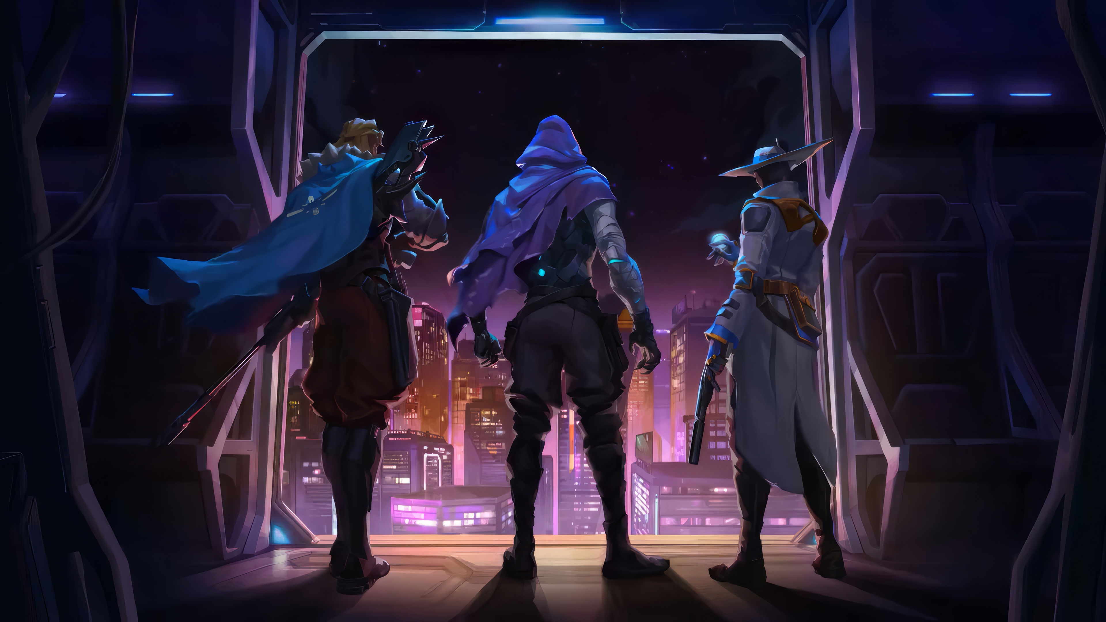 Valorant: Sova, Omen, and Cypher overlook a city skyline 4K HD Wallpaper