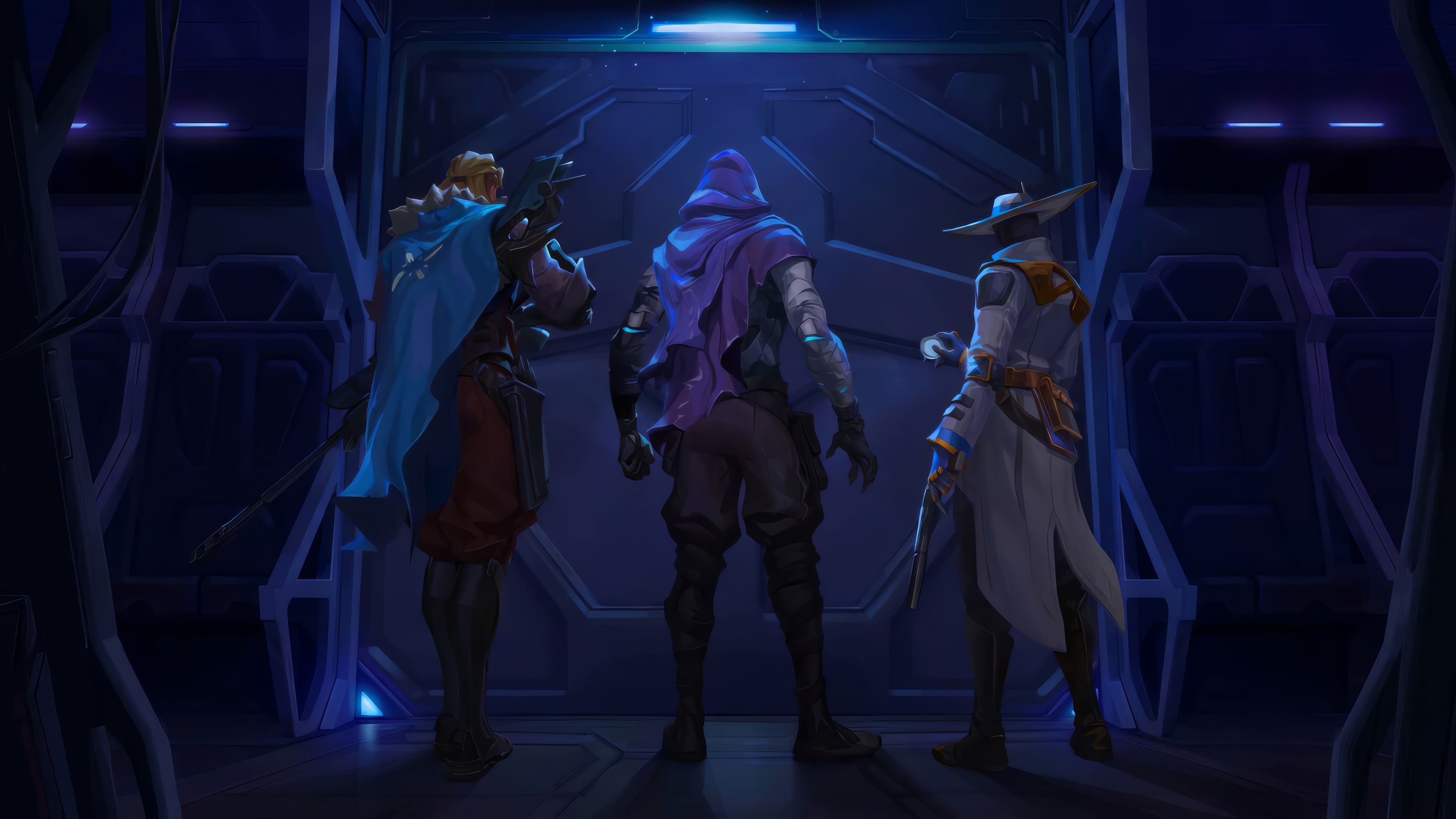 Valorant: Sova, Omen, and Cypher in a Sci-Fi Setting 4K HD Wallpaper