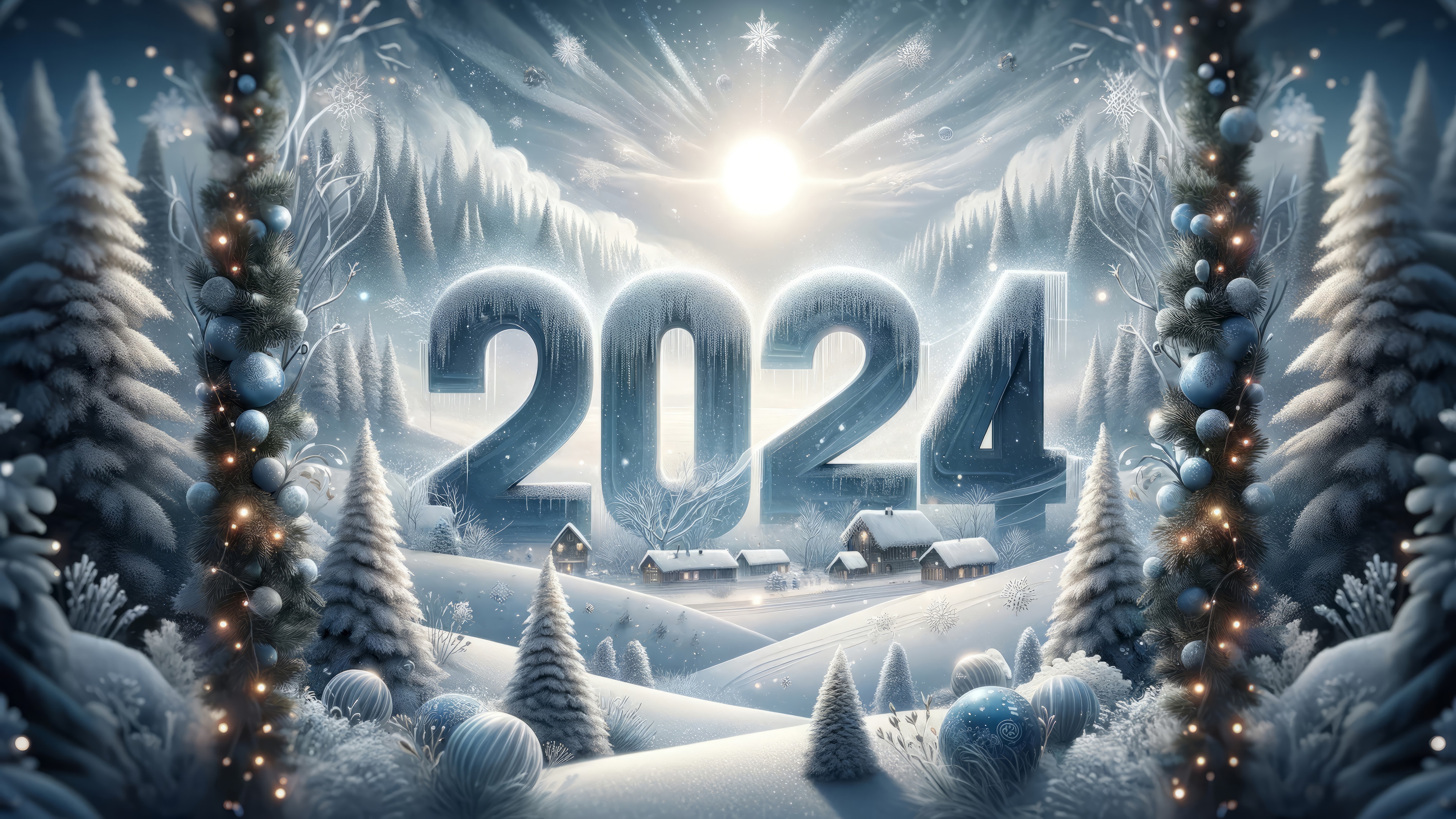 Happy New Year 2024 Winter Scene 4K HD Wallpaper