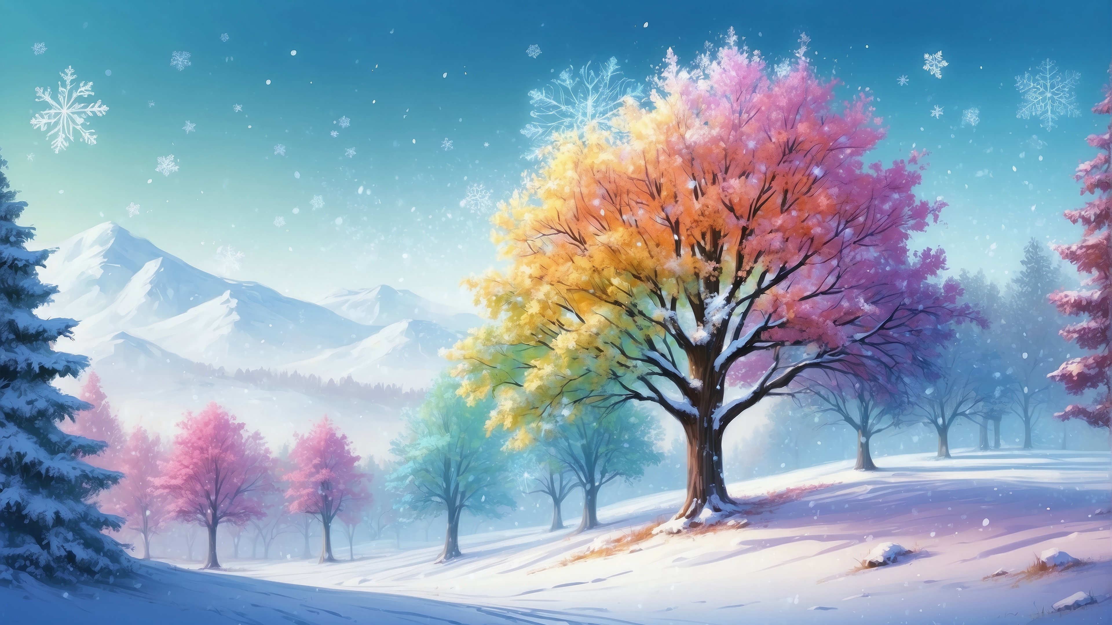 Colorful Tree in a Snowy Winter Landscape 4K HD Wallpaper