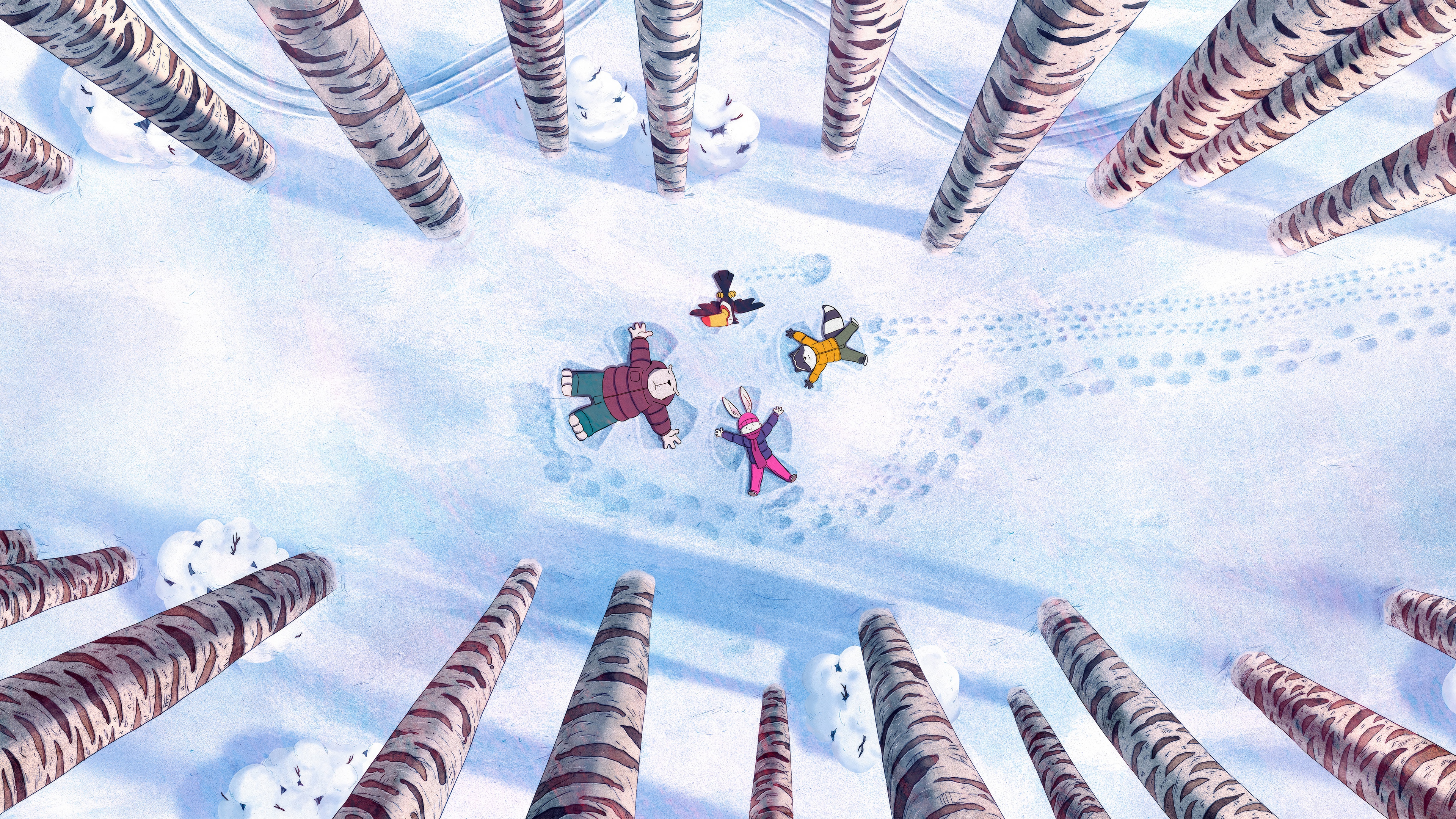 Four friends making snow angels in a winter forest HD Wallpaper