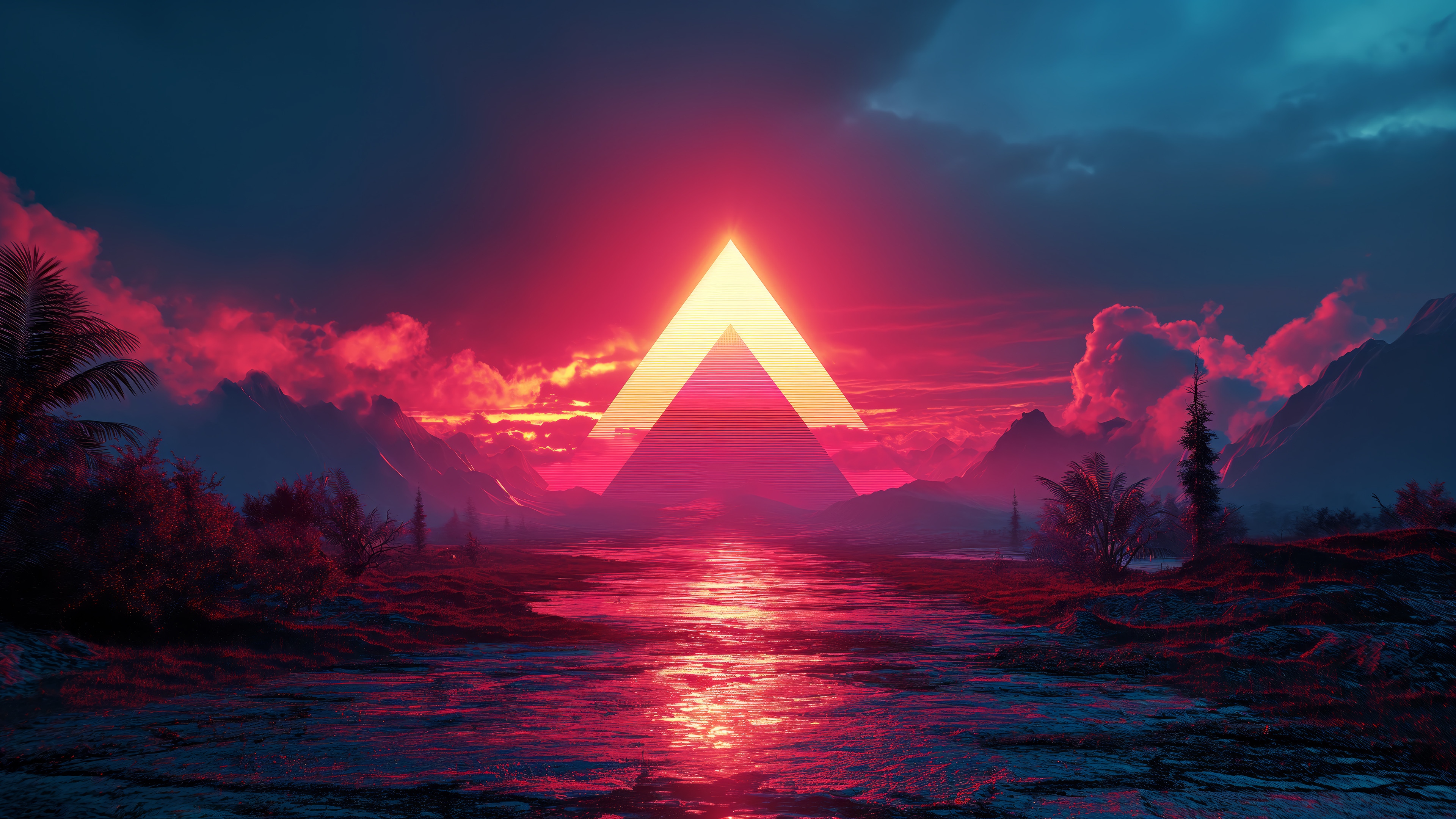 Sunset over mountains with a pyramid shape HD Wallpaper