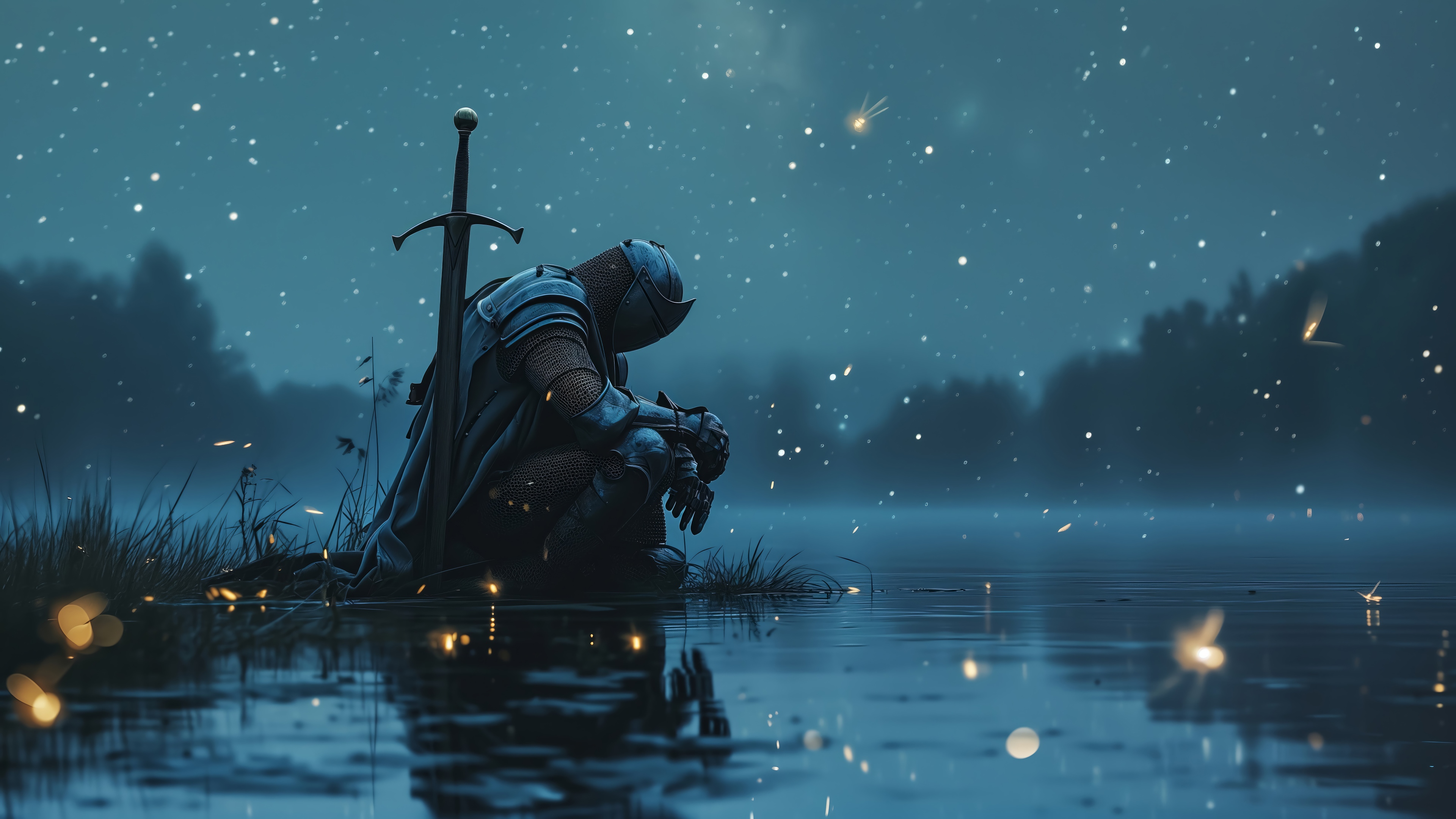 Knight kneeling by a lake under a starry sky HD Wallpaper