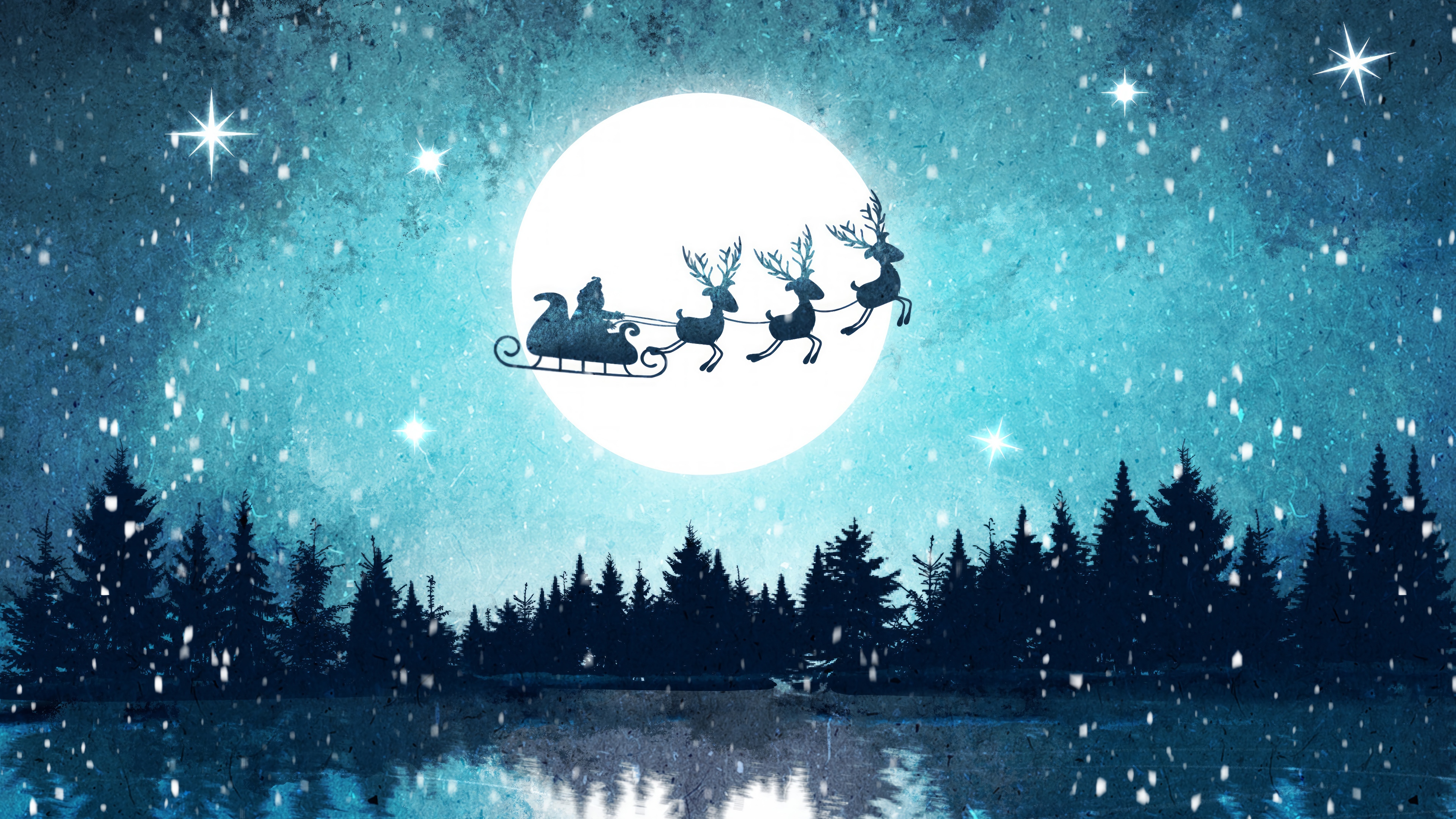 Santa Claus and reindeer flying in front of the moon HD Wallpaper