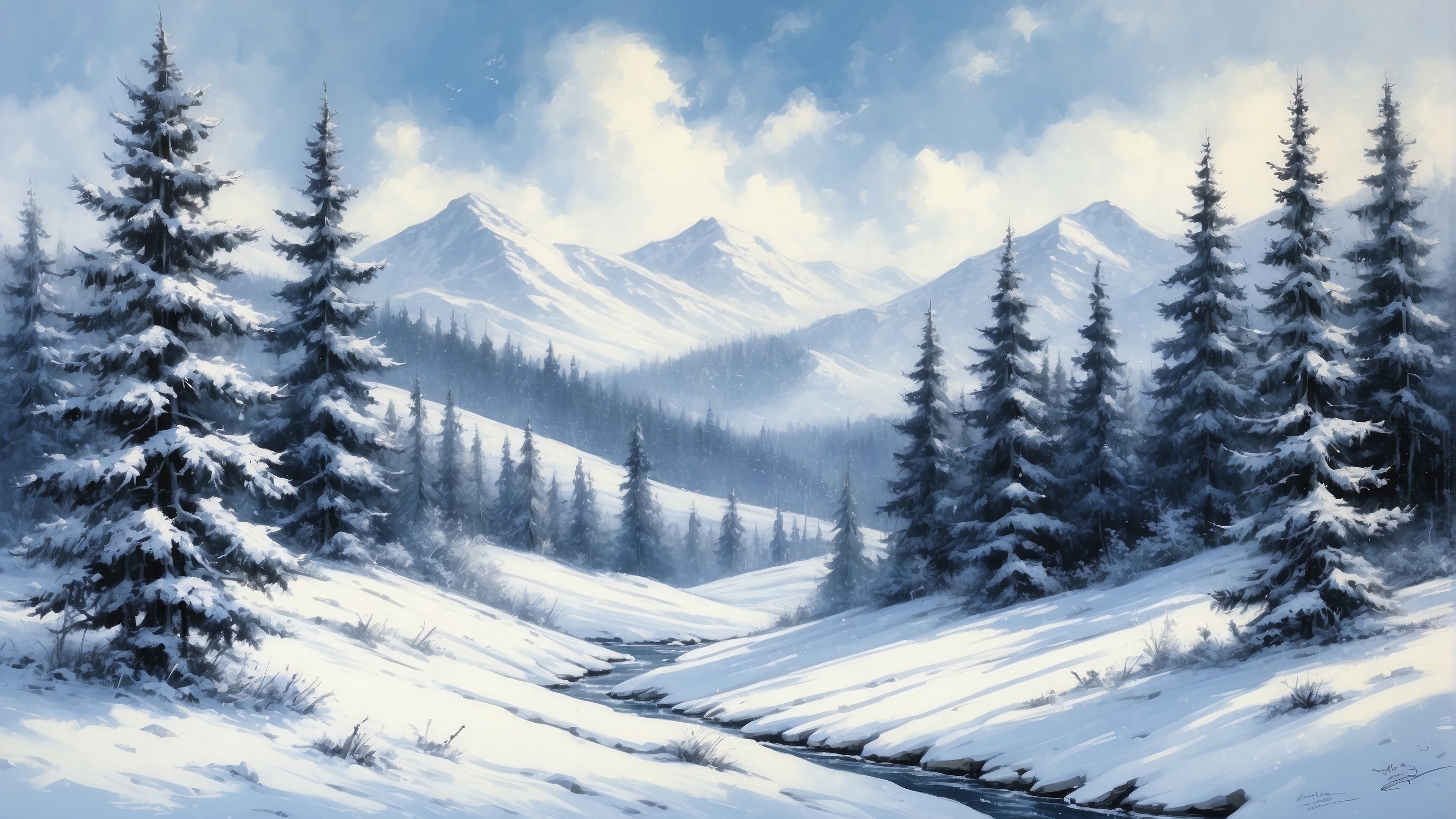 Winter Forest with Snow-Covered Trees and Mountains 4K HD Wallpaper