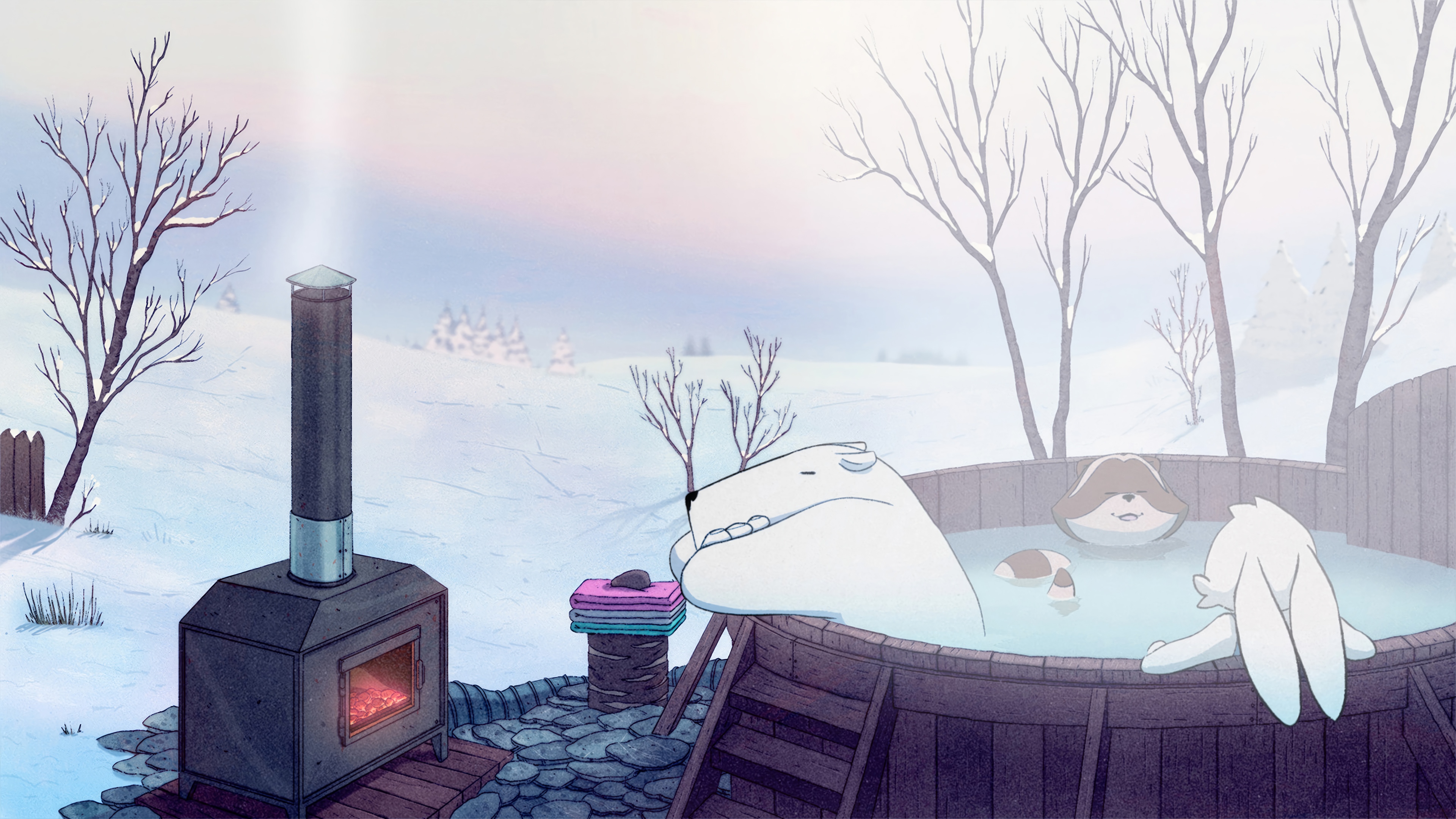 Animals in a hot tub in winter HD Wallpaper