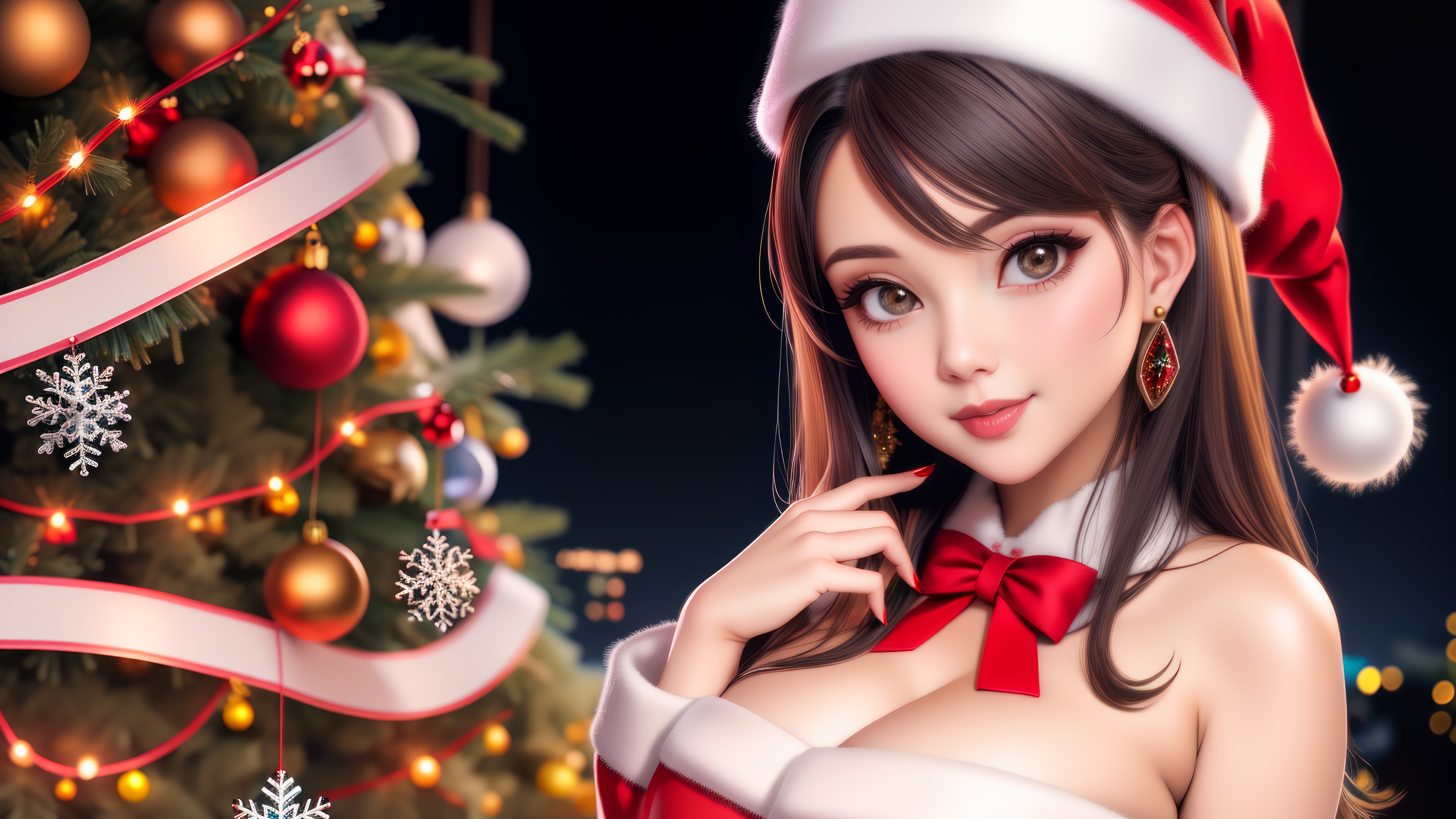 Anime Girl in Santa Outfit by Christmas Tree 4K HD Wallpaper