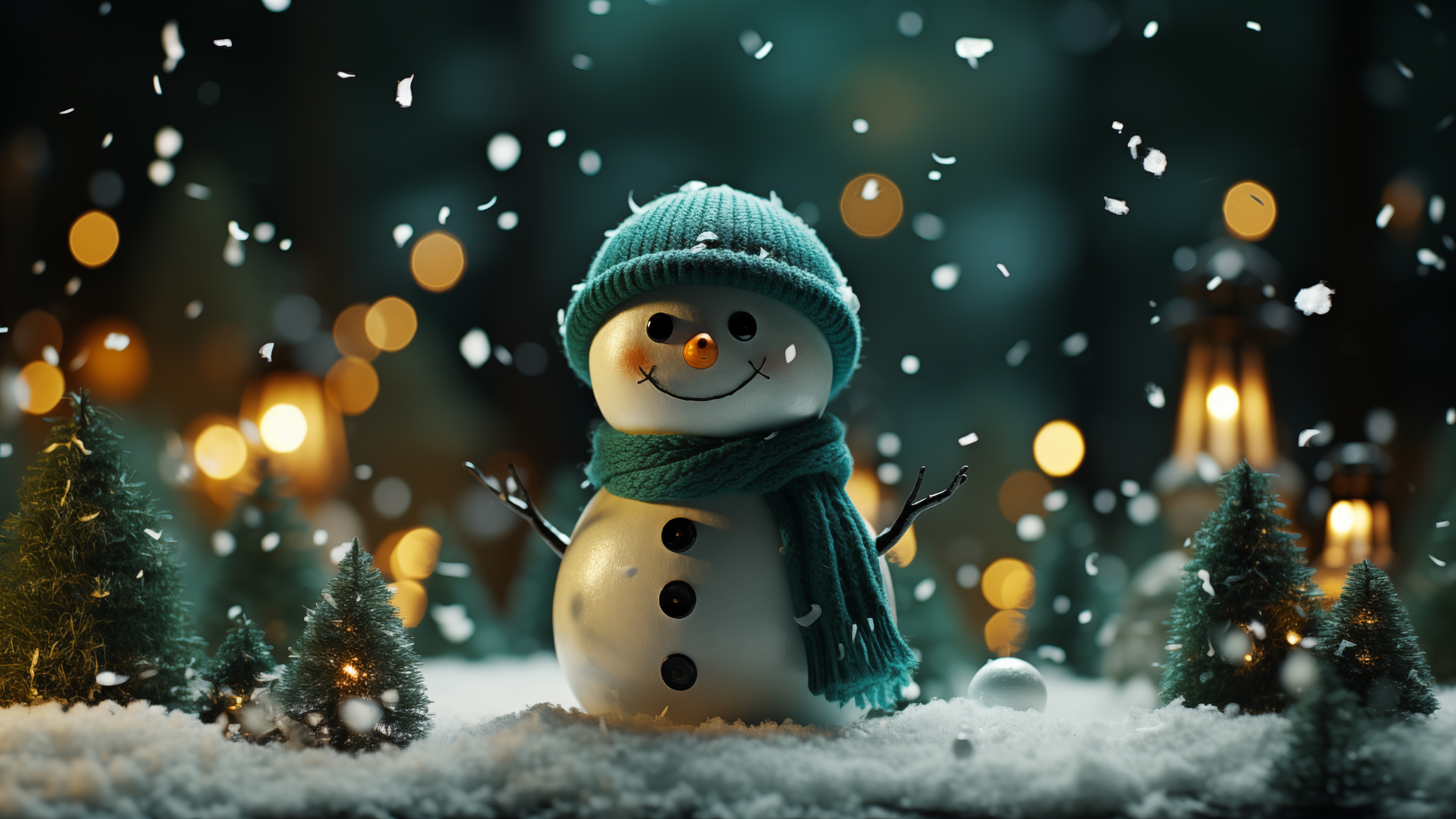 Snowman in a winter wonderland with Christmas lights HD Wallpaper
