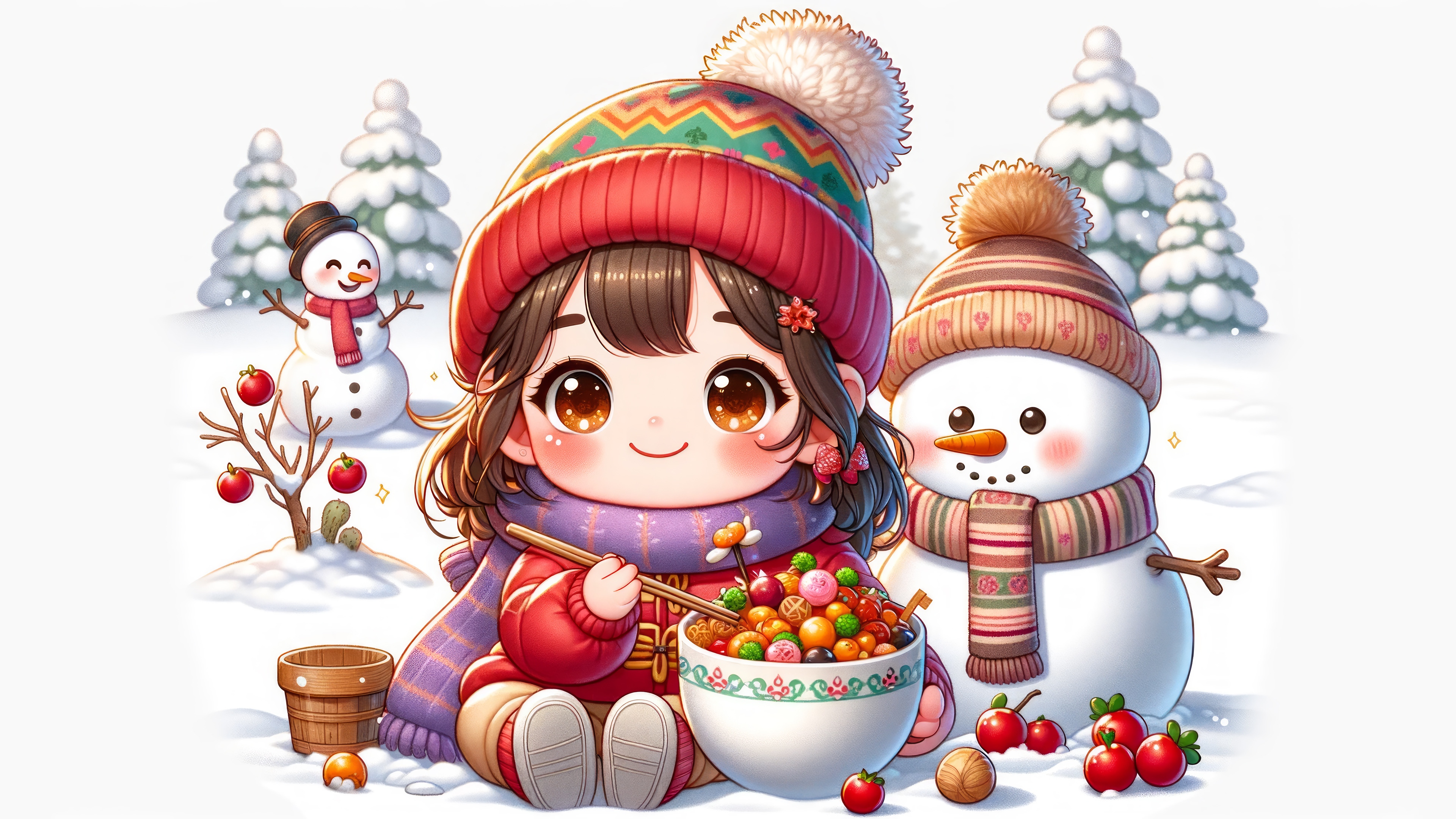 Cute Girl and Snowman in Winter HD Wallpaper