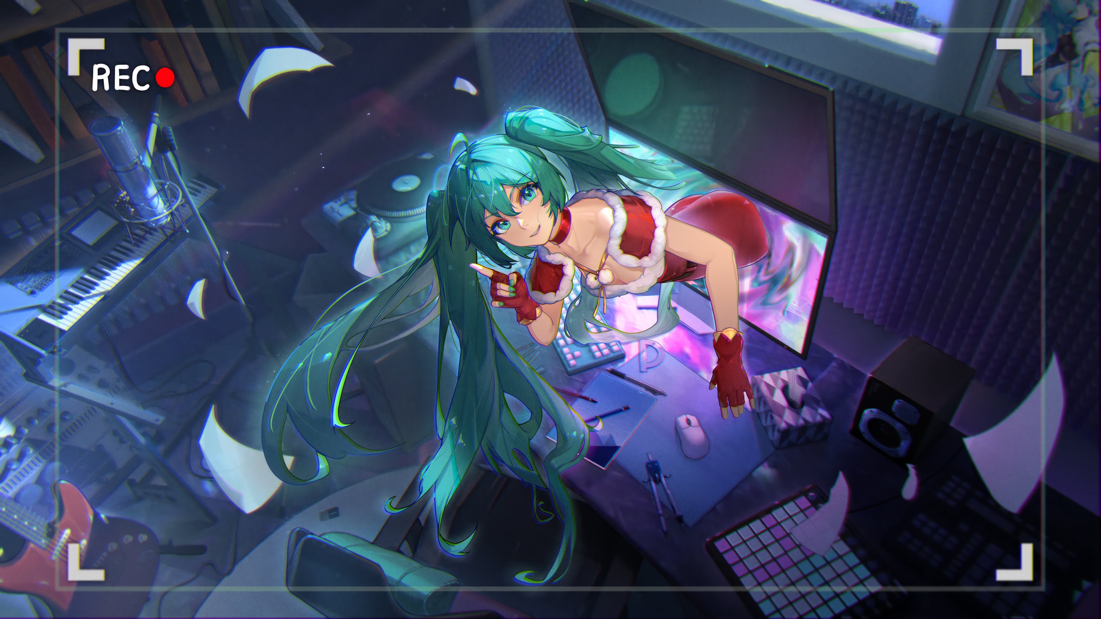 Hatsune Miku in Christmas Outfit in Recording Studio 4K HD Wallpaper
