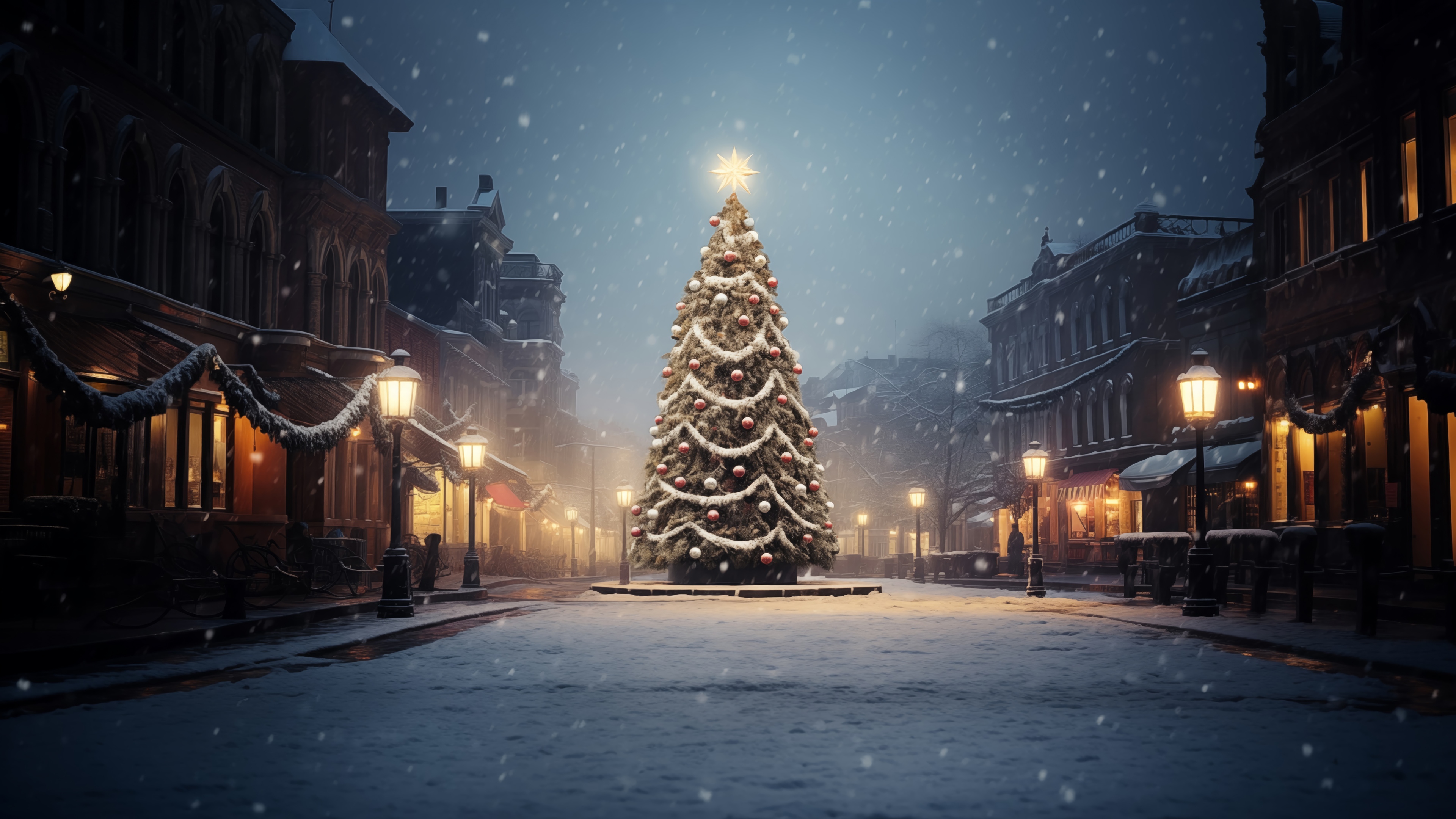 Christmas Tree in a Snowy Town HD Wallpaper