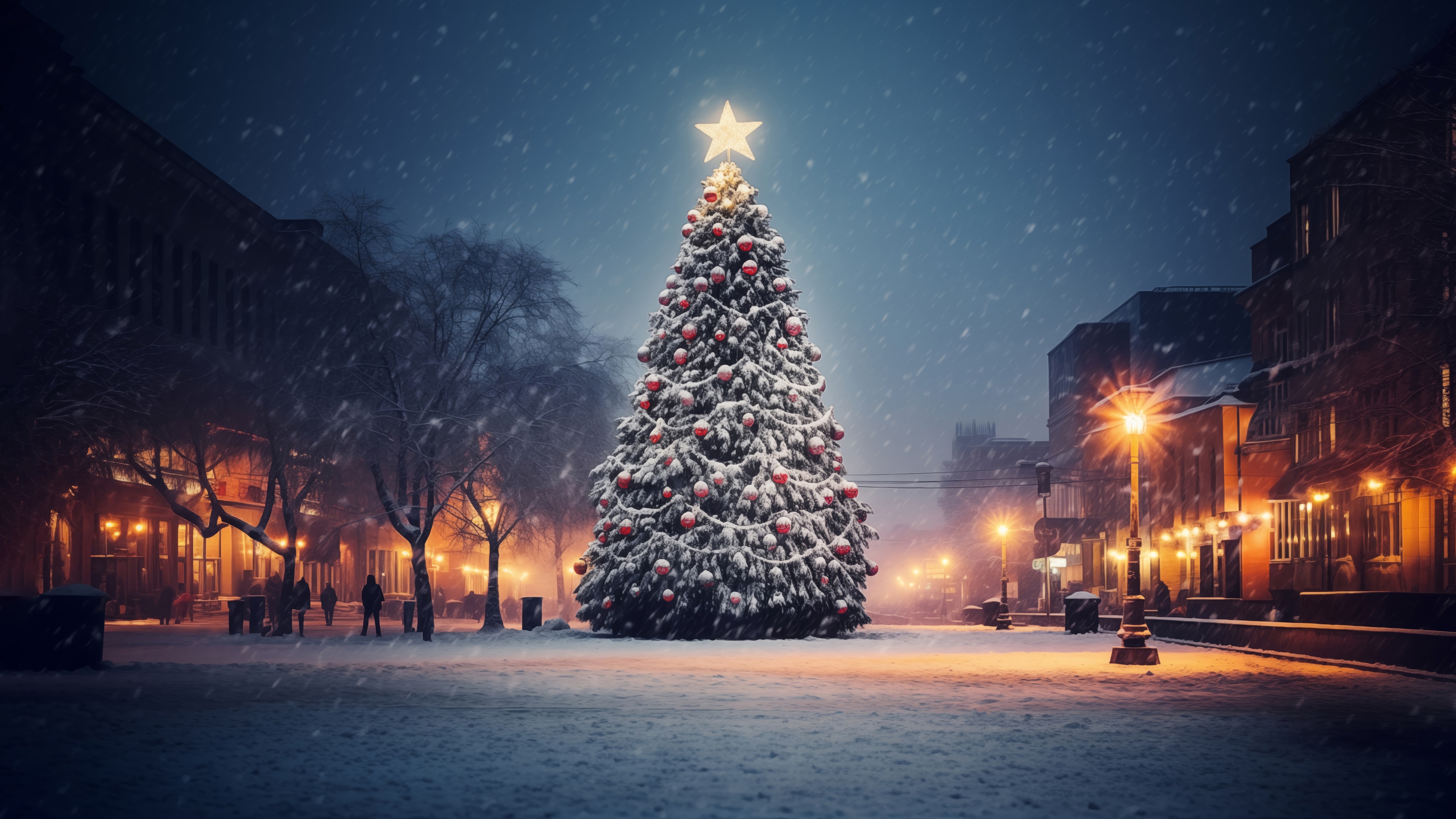 Christmas Tree with Star in Snowy Town HD Wallpaper