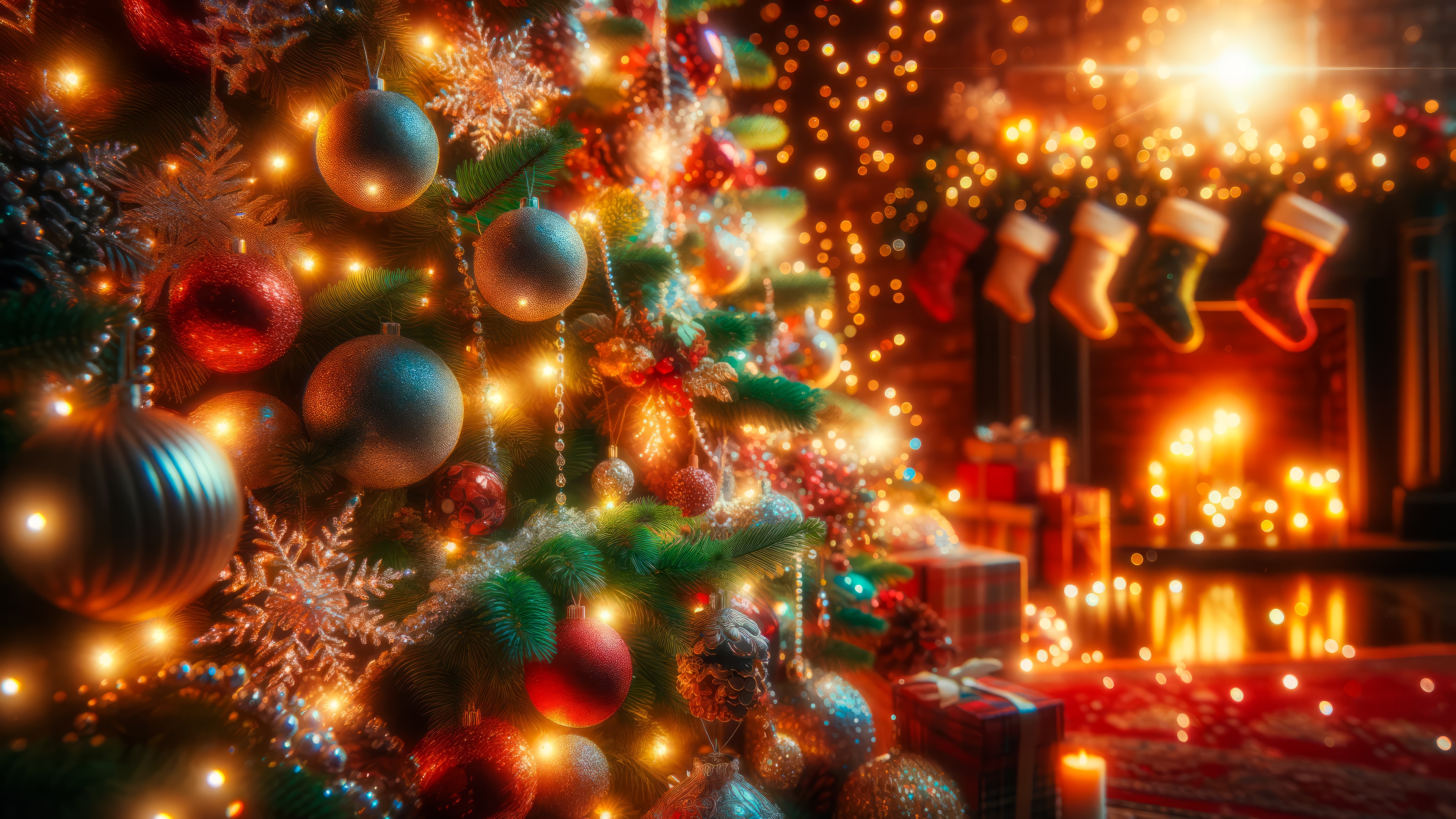 Christmas Tree with Ornaments and Fireplace HD Wallpaper