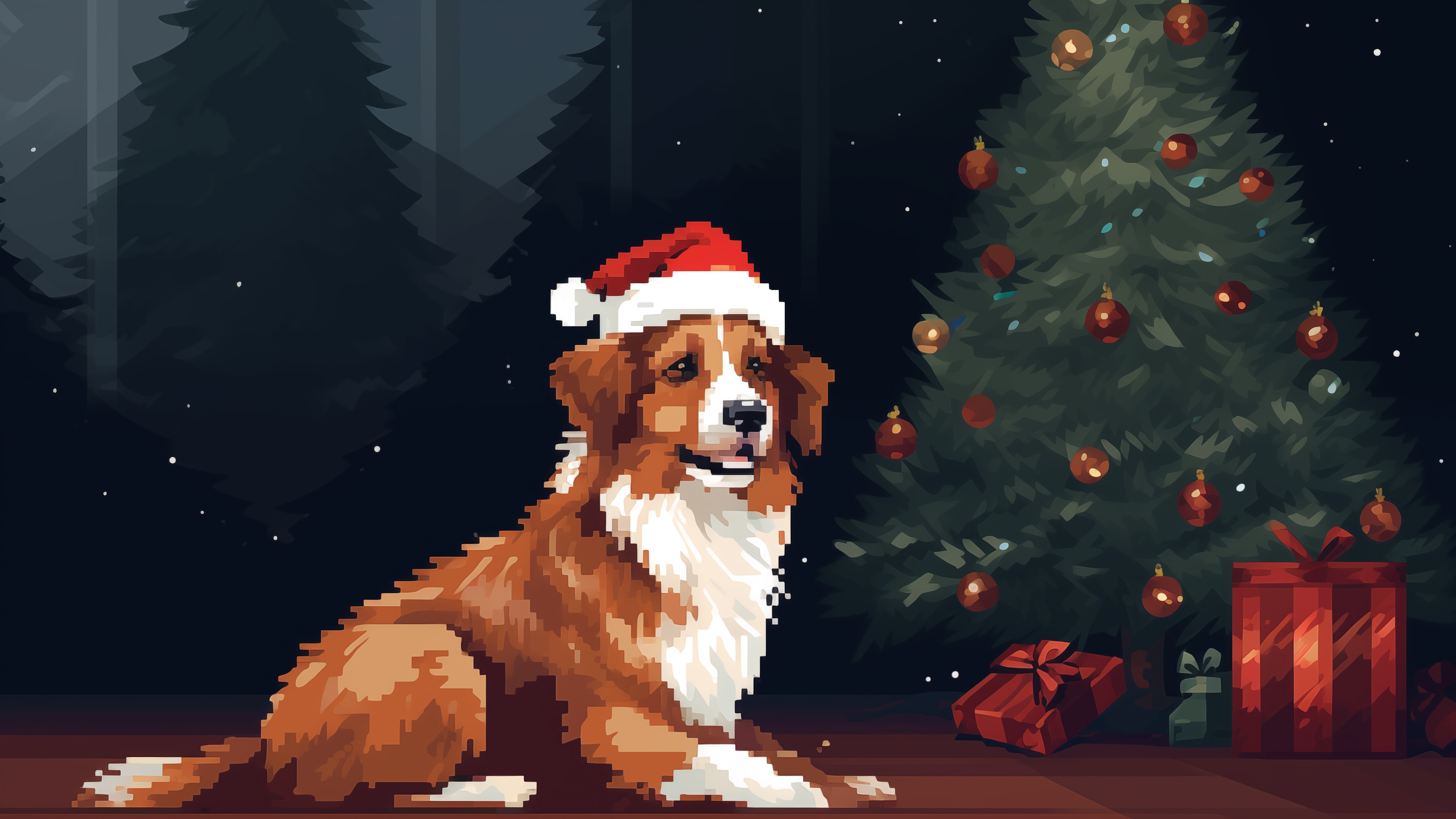 Dog wearing Santa hat near Christmas Tree 4K HD Wallpaper
