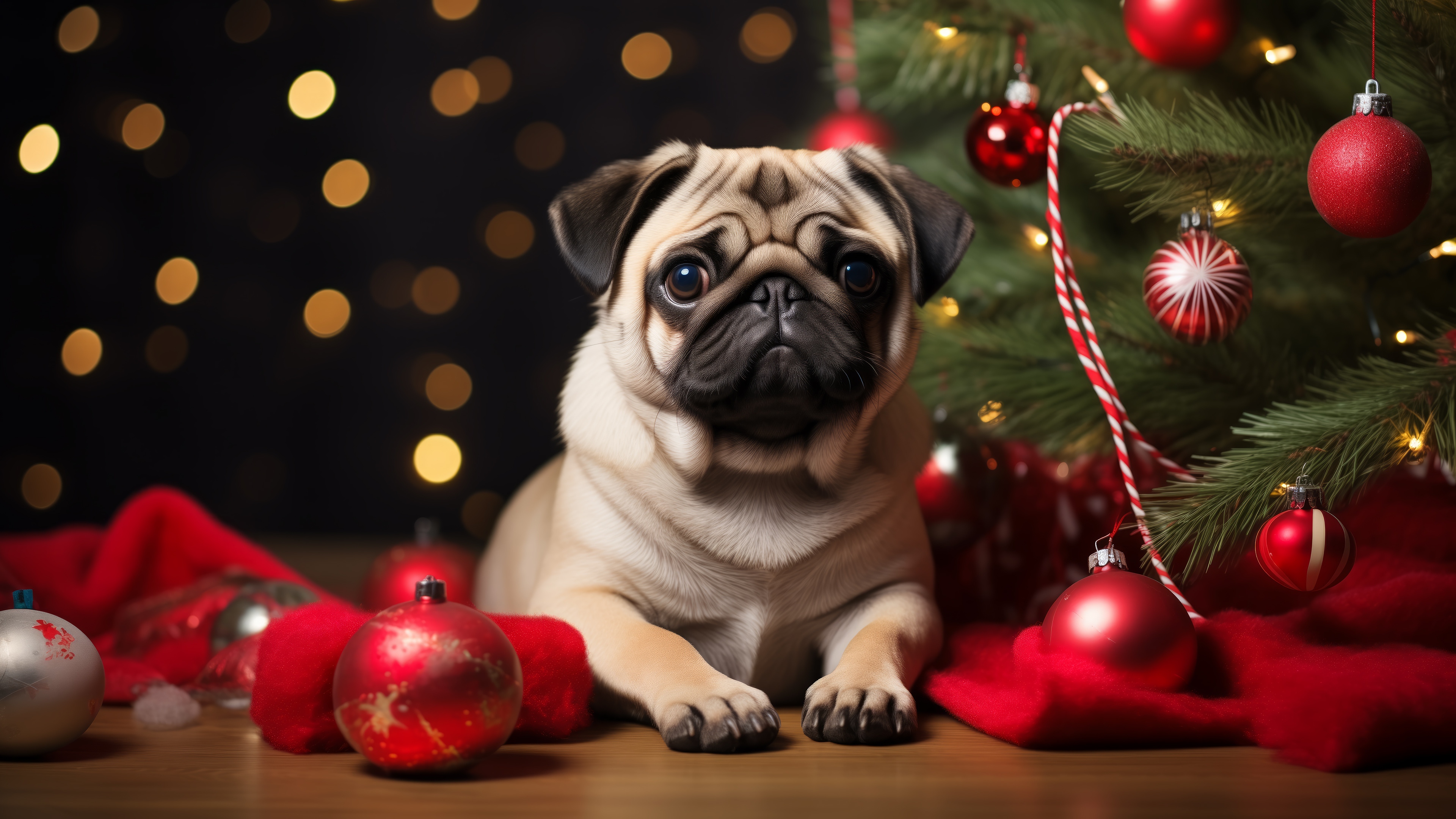 Pug Dog by a Christmas Tree 4K HD Wallpaper