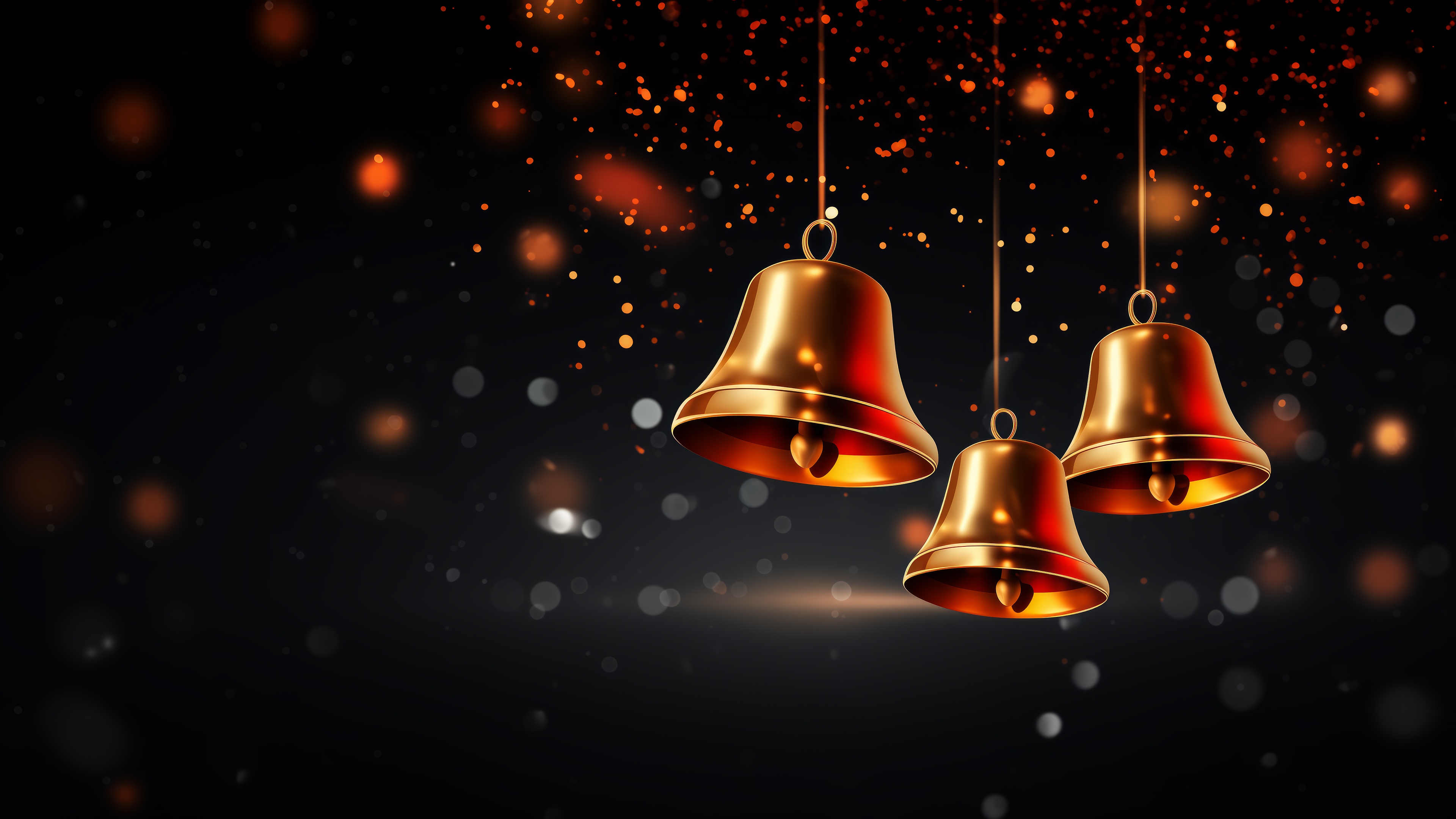 Golden Christmas Bells with Bokeh Lights 4K HD Wallpaper
