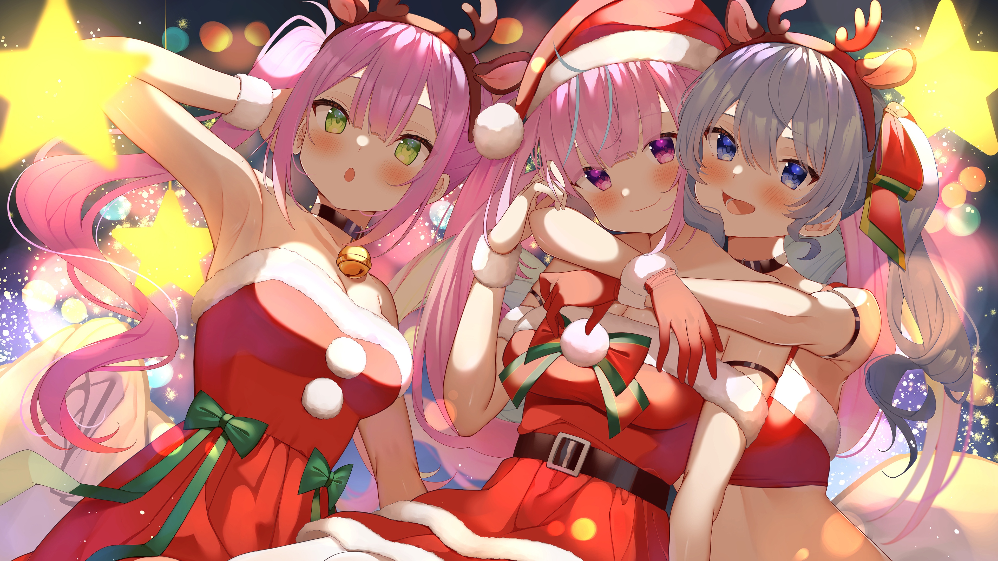 Three girls in Christmas outfits with holiday lights HD Wallpaper