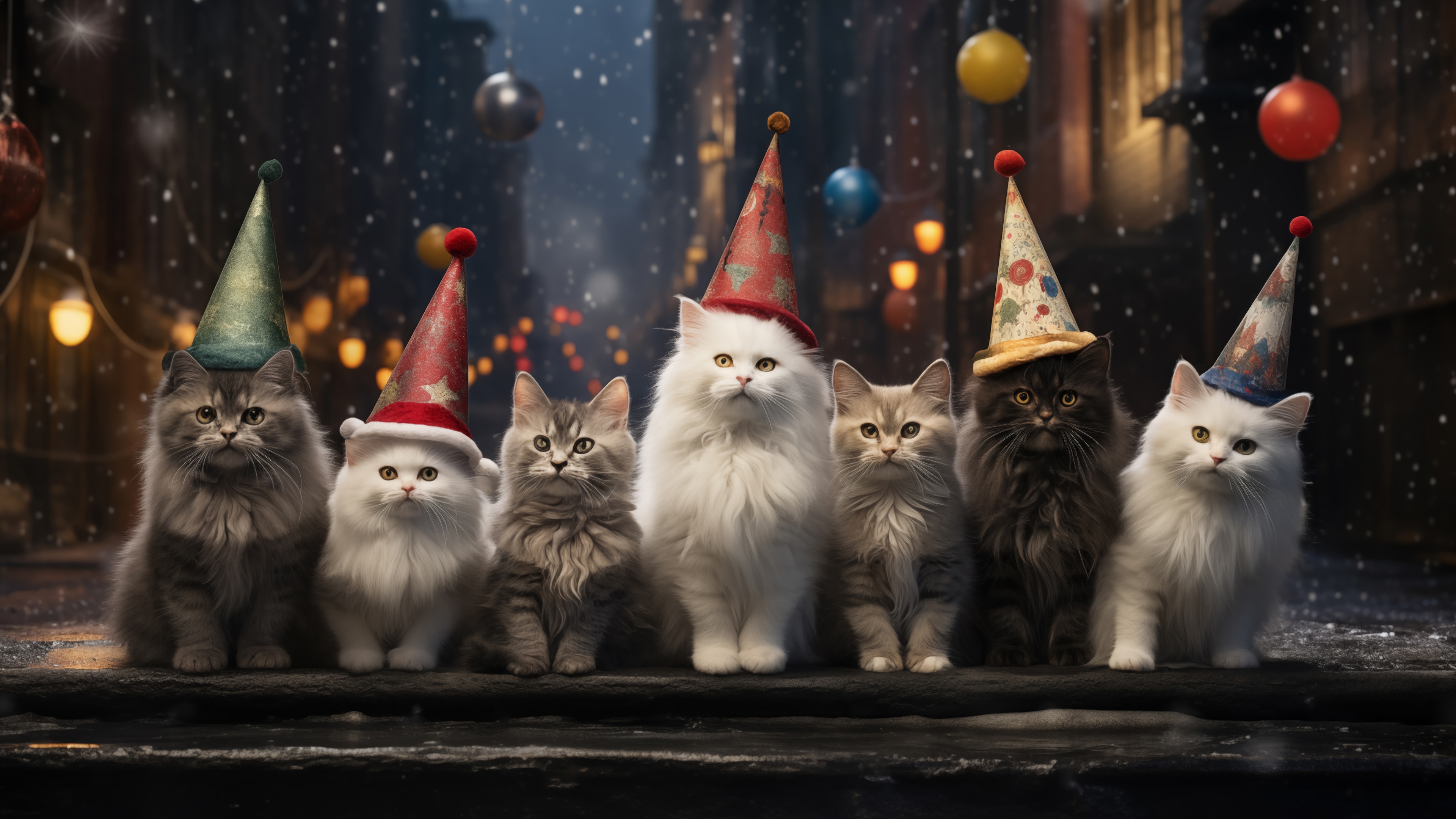 Seven Cats Wearing Party Hats in Snowy City HD Wallpaper