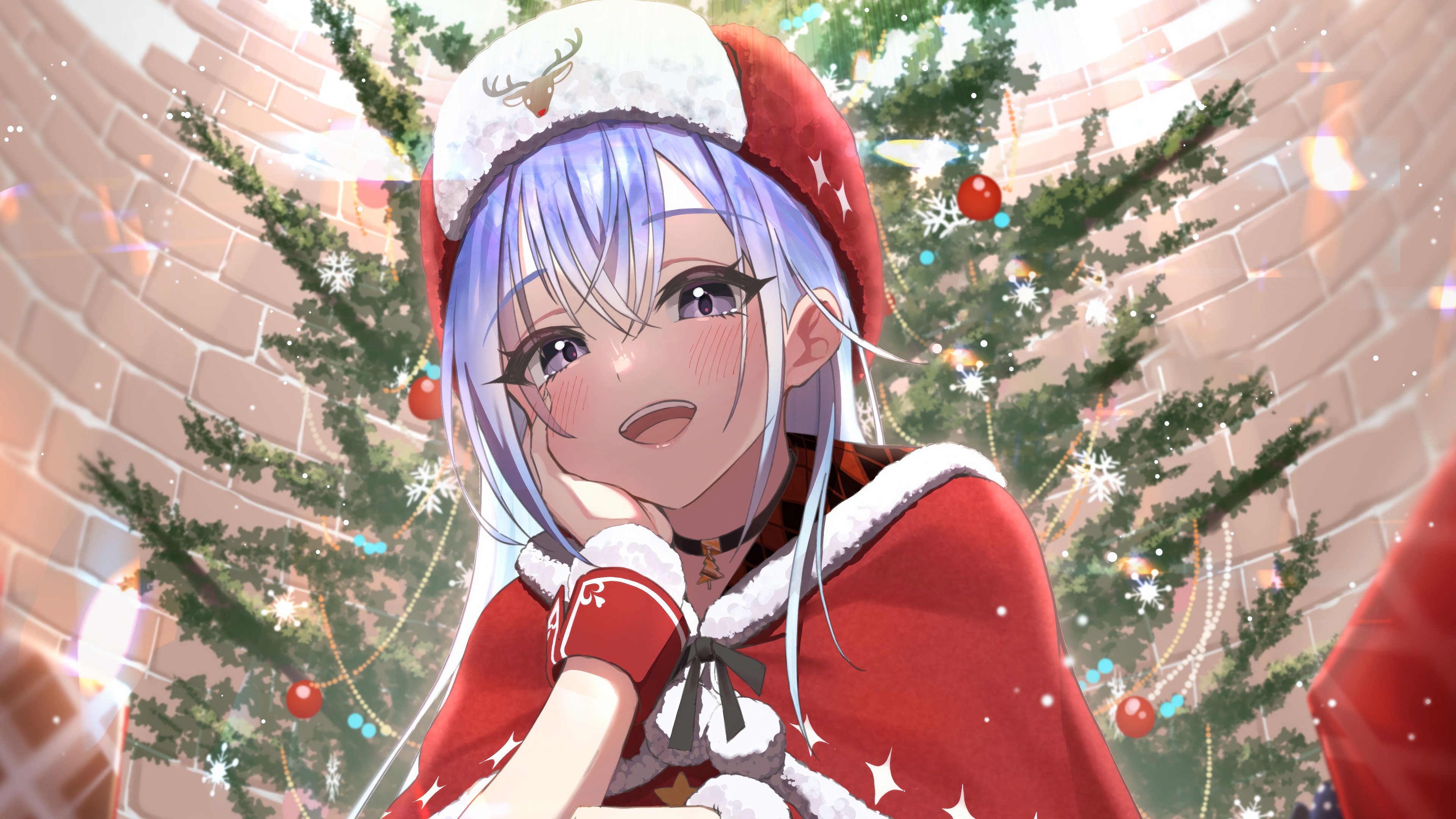 Anime Girl in Santa Outfit by Christmas Tree 4K HD Wallpaper