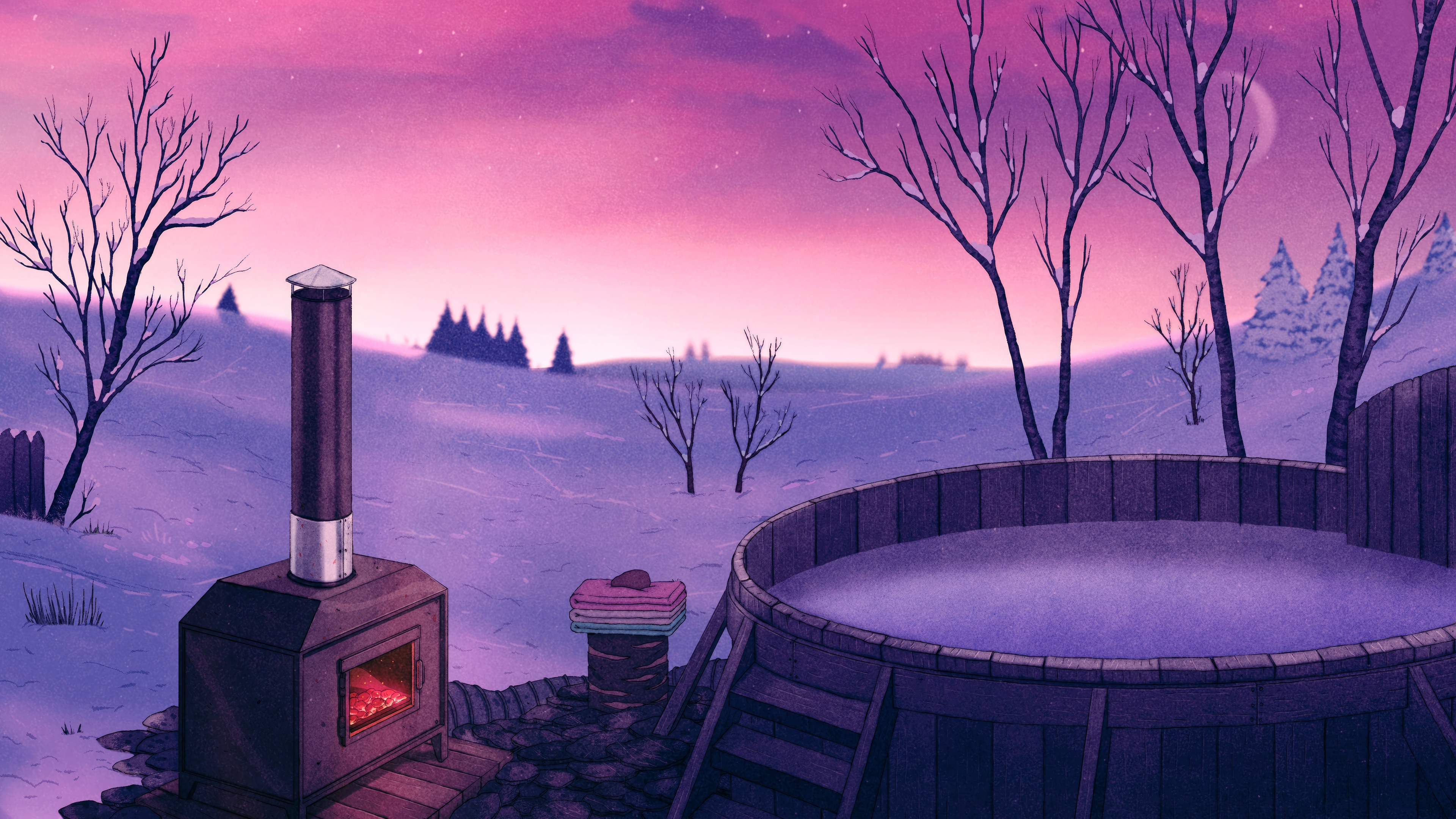 Winter Hot Tub Chillhop Digital Art 4K HD Wallpaper