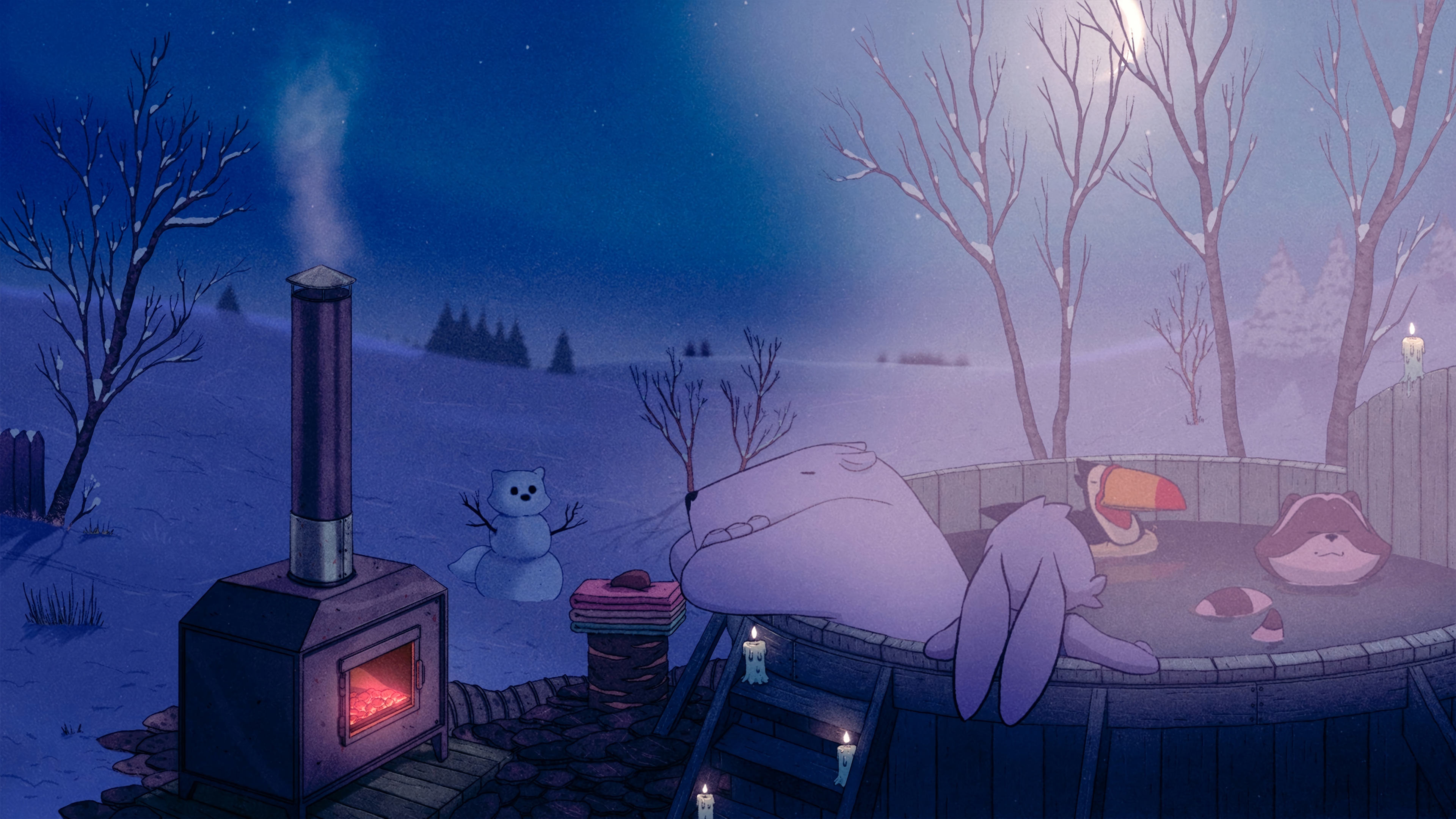 Winter Hot Tub Scene with Animals HD Wallpaper