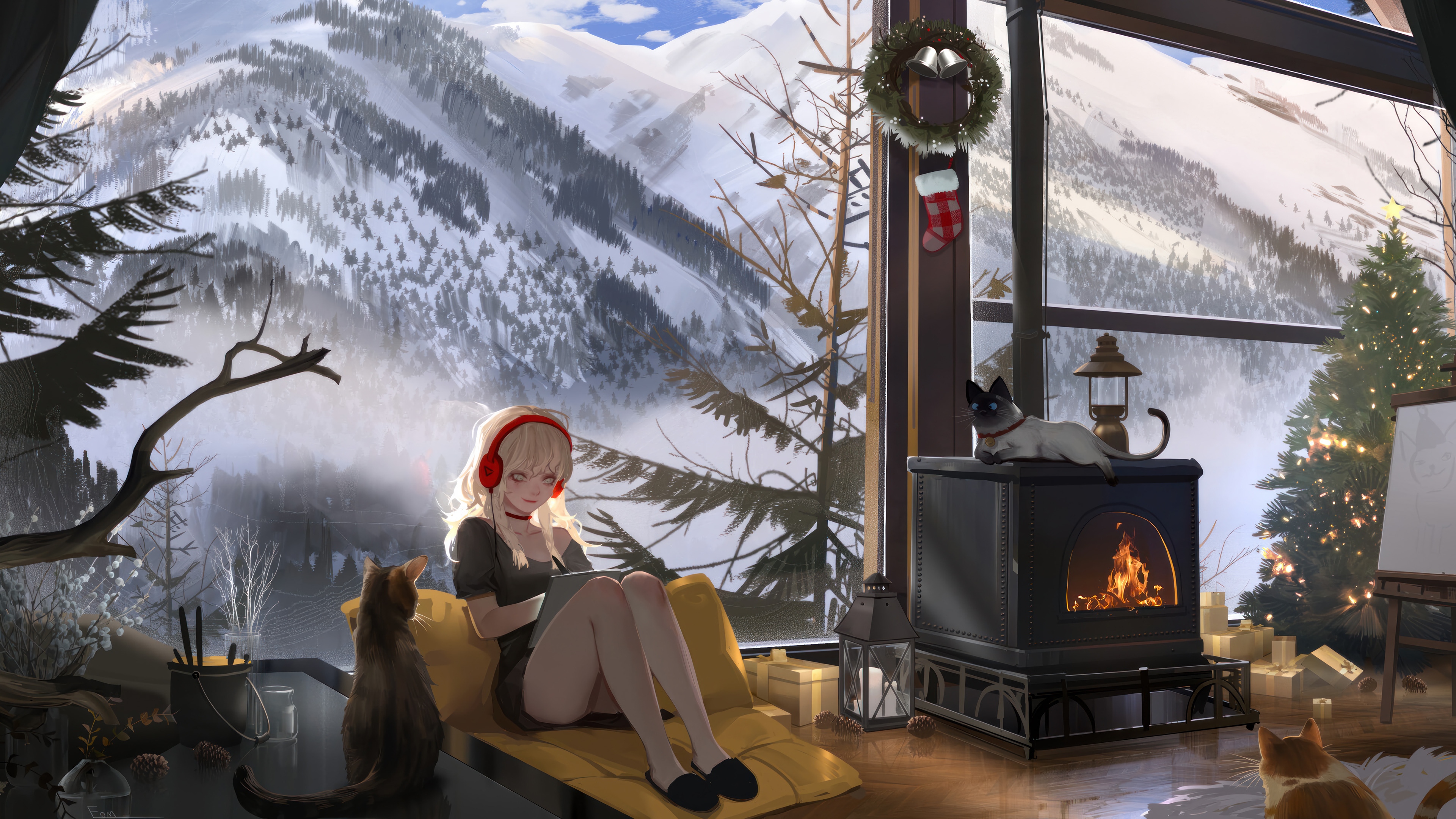Anime Girl with Cats by Snowy Mountains and Christmas Tree 4K HD Wallpaper