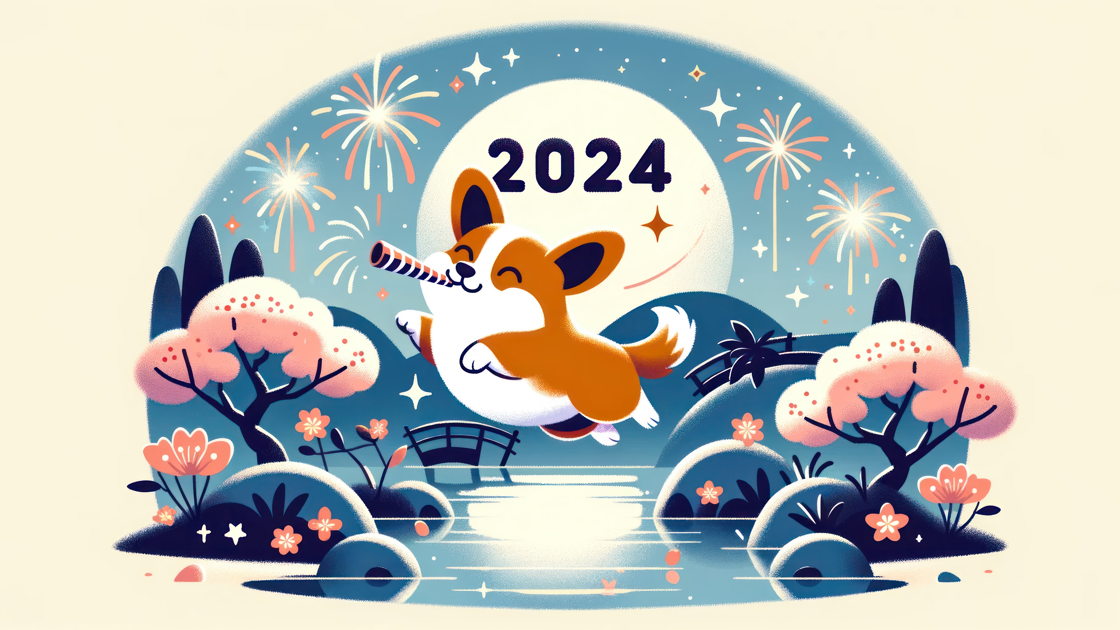 Corgi celebrating 2024 with fireworks HD Wallpaper
