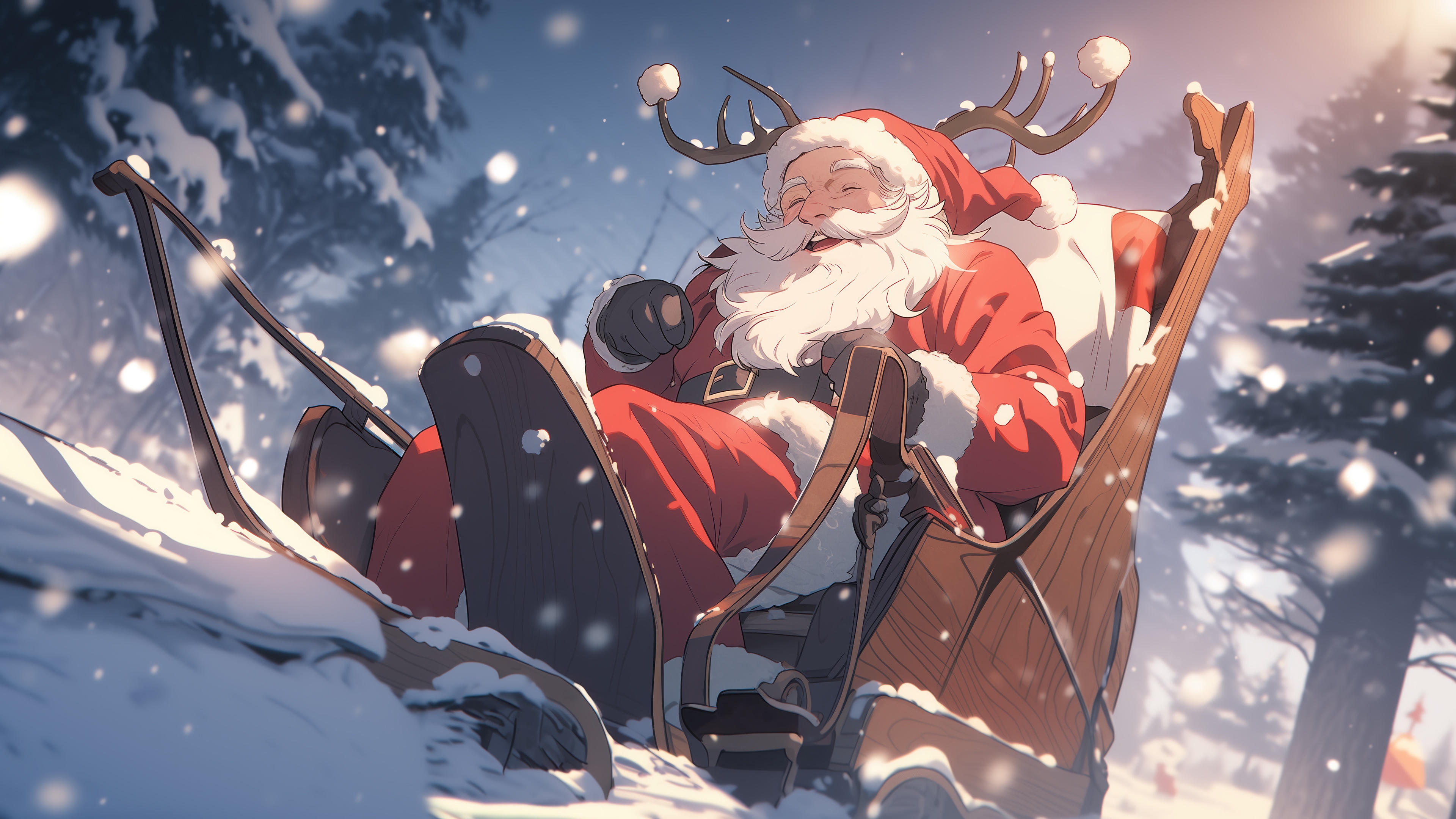 Santa Claus riding a sleigh in a snowy forest HD Wallpaper