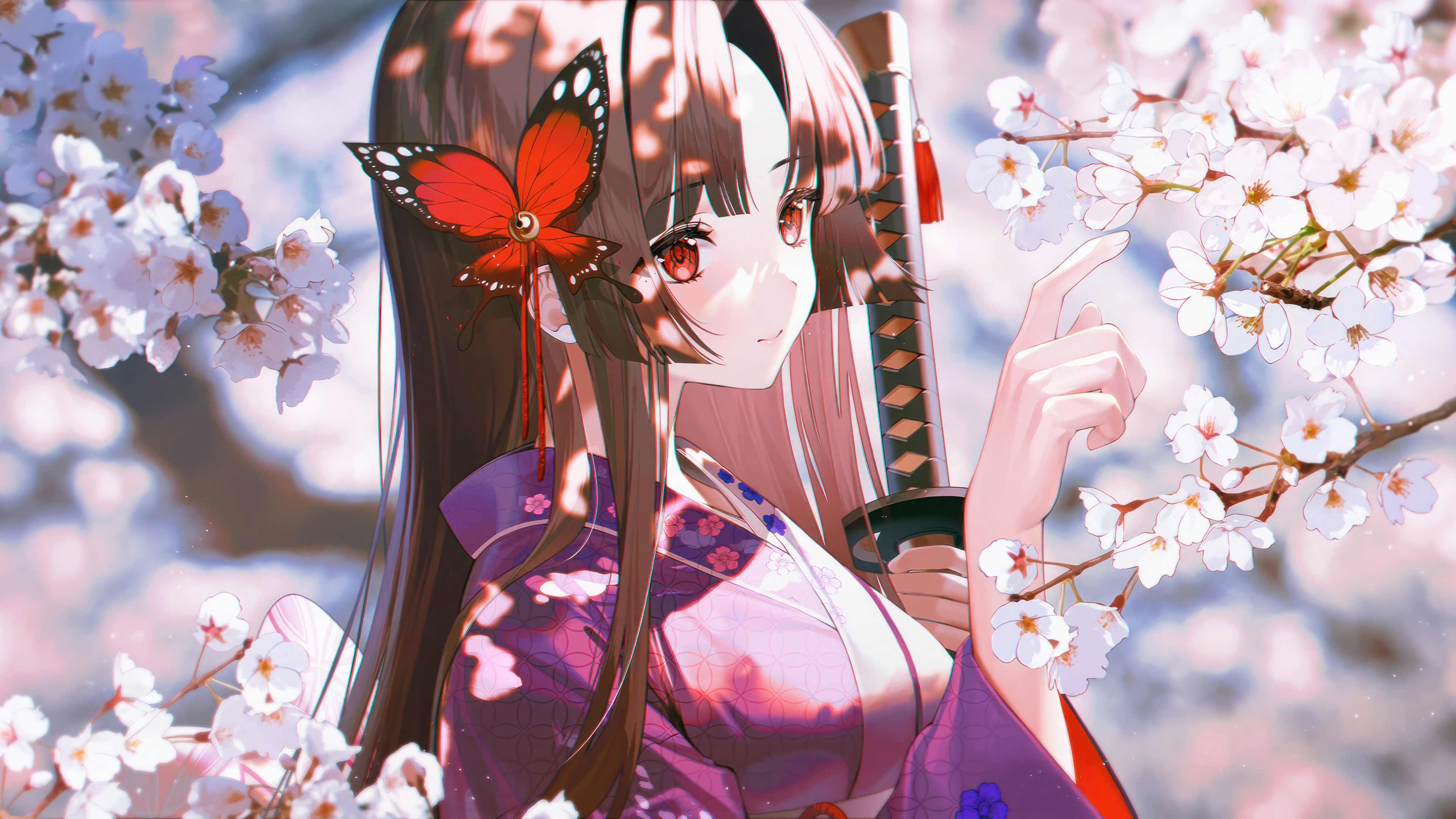 Anime Girl in Kimono with Butterfly and Katana, Cherry Blossom 4K HD Wallpaper