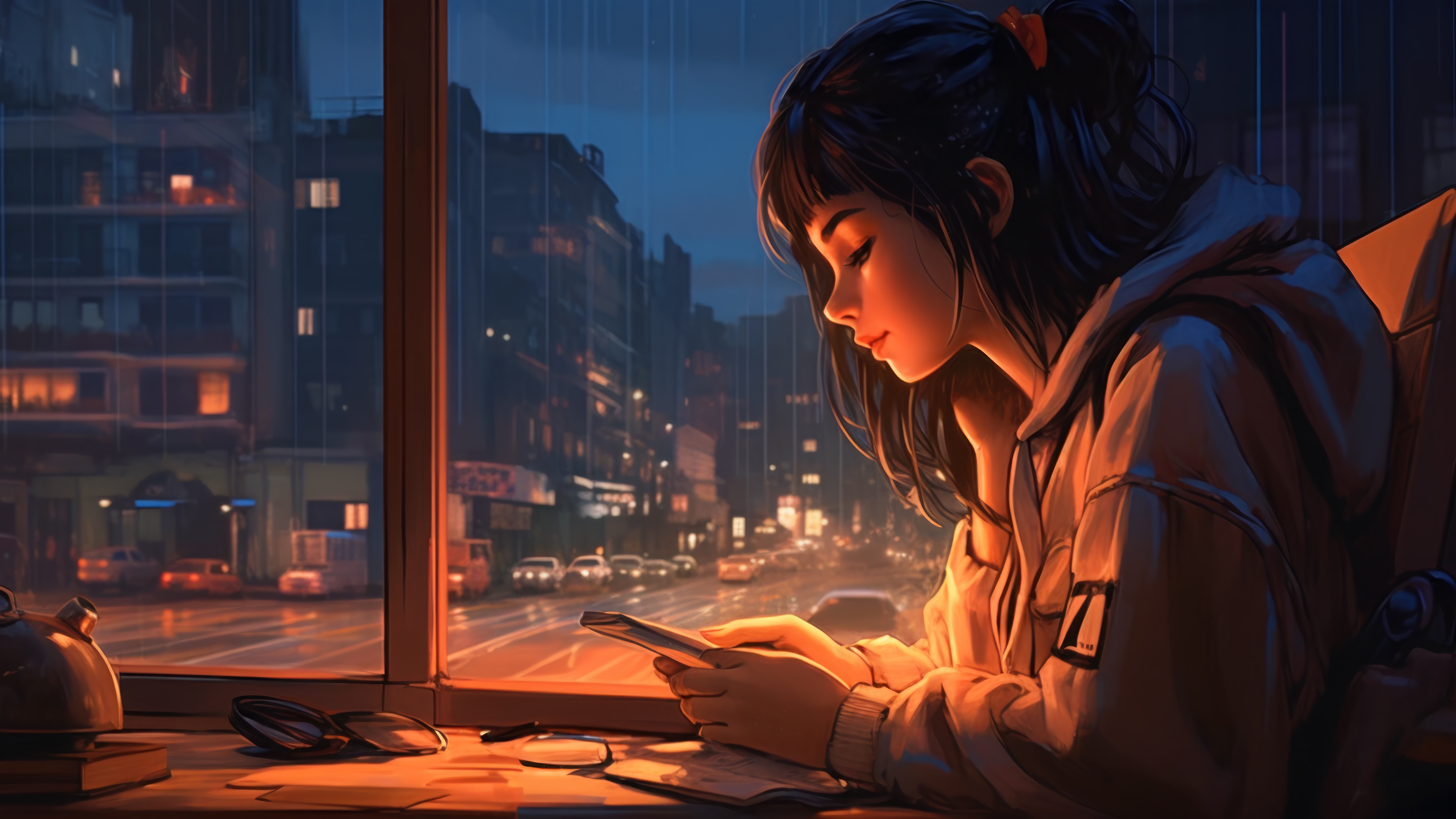 Anime Girl on Phone in Rainy City 4K HD Wallpaper