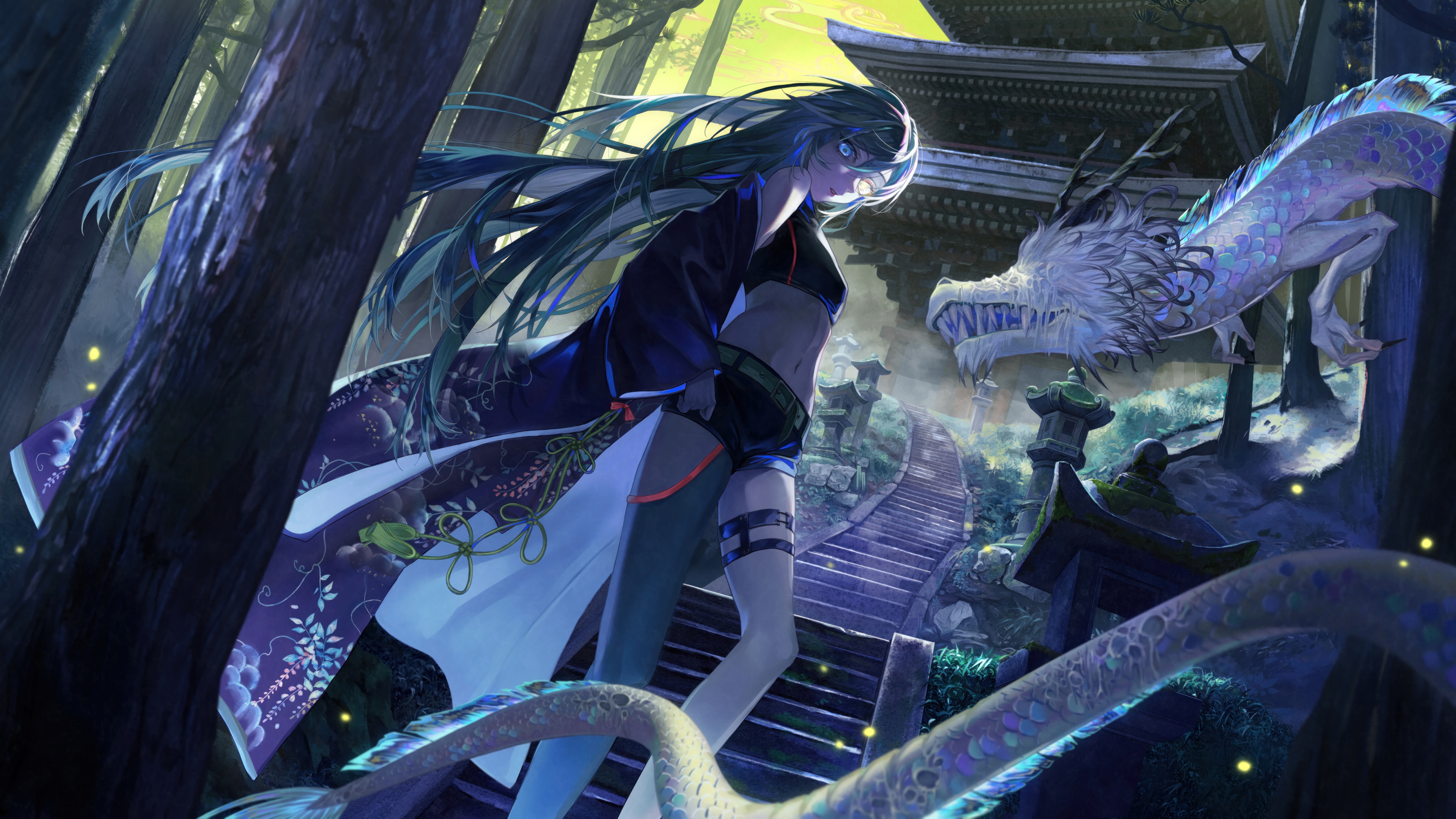 Anime Girl and Dragon in Fantasy Forest 4K HD Wallpaper