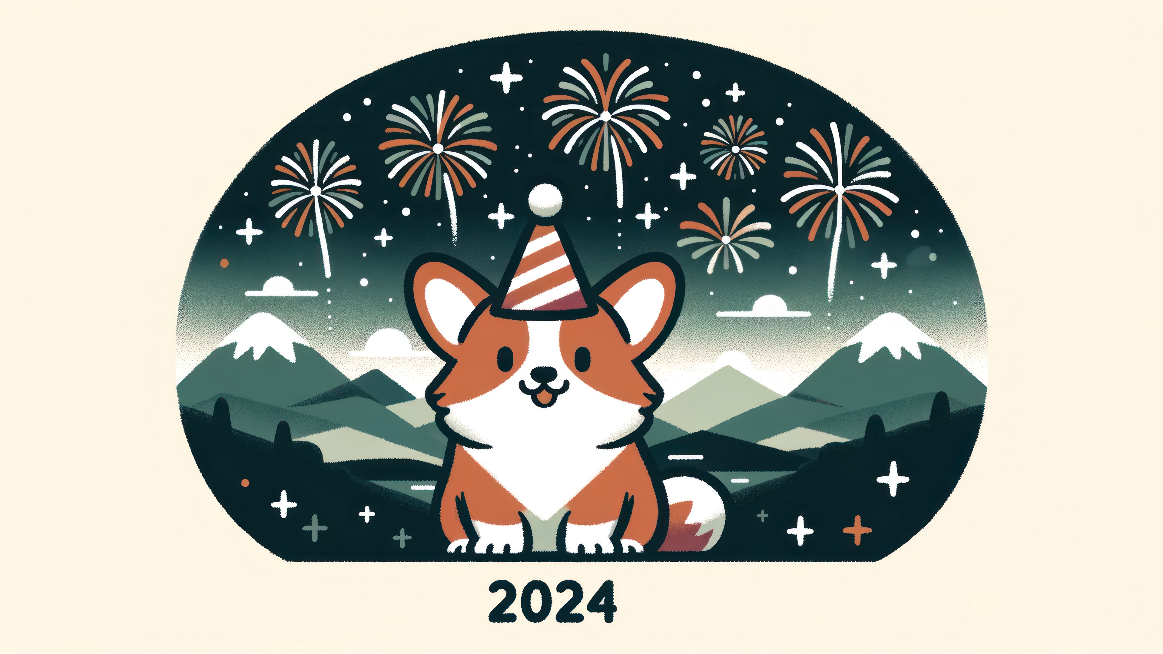 Corgi Wearing Party Hat with Fireworks and Mountains HD Wallpaper